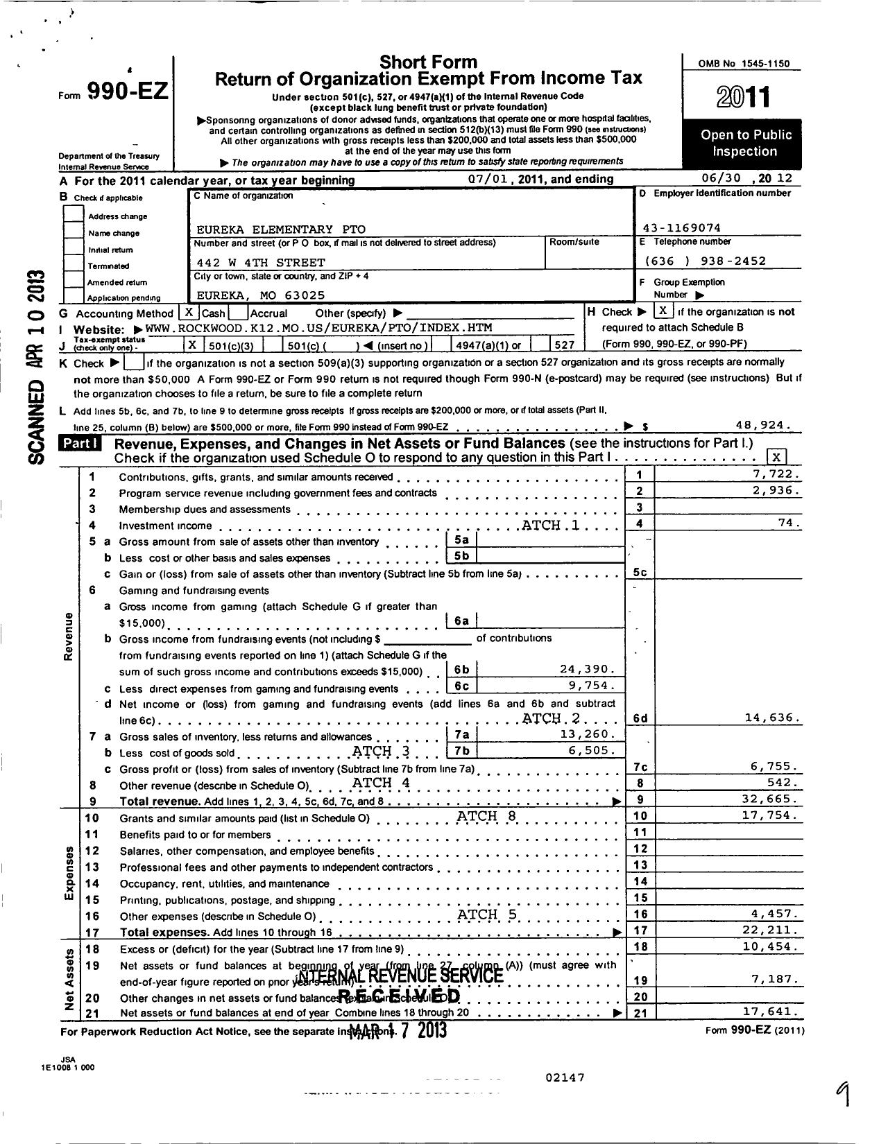 Image of first page of 2011 Form 990EZ for Rockwood Parent Teacher Organization Council / Eureka Elementary Pto