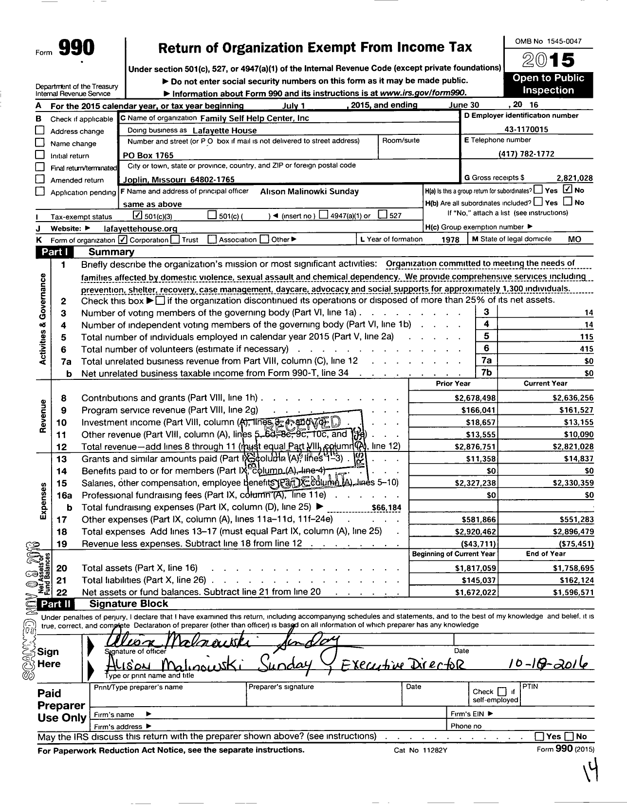 Image of first page of 2015 Form 990 for Lafayette House