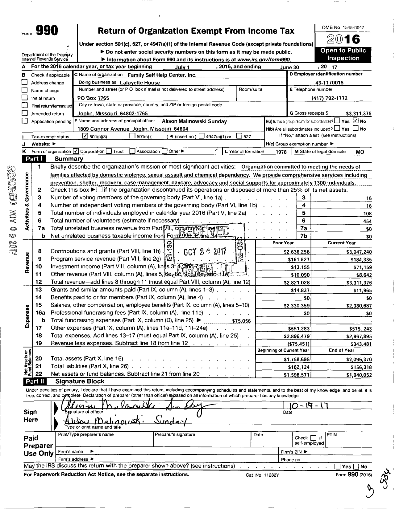 Image of first page of 2016 Form 990 for Lafayette House
