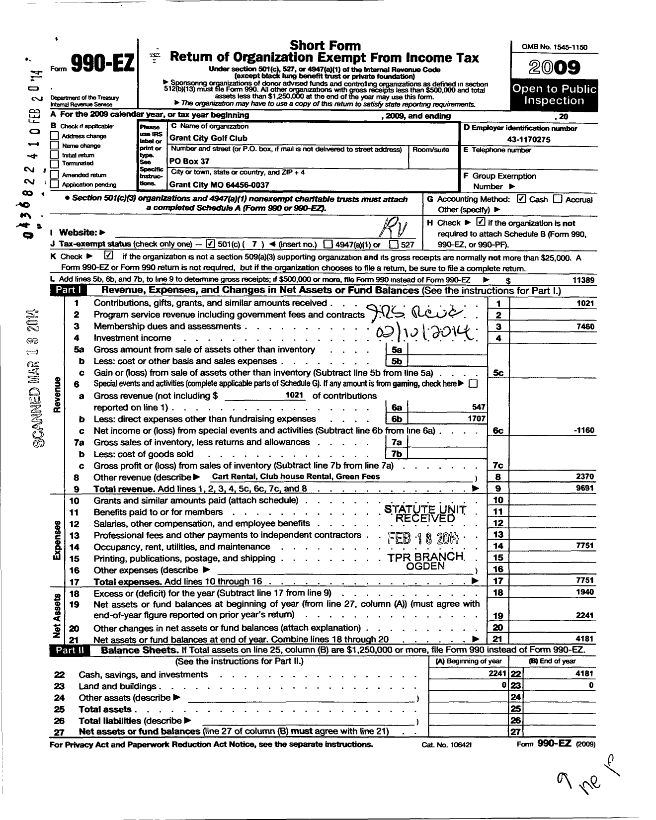 Image of first page of 2009 Form 990EO for Grant City Golf Club