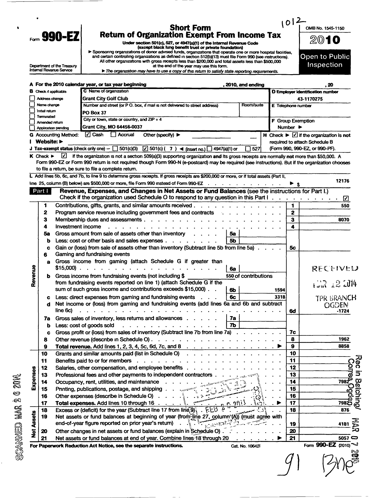 Image of first page of 2010 Form 990EO for Grant City Golf Club