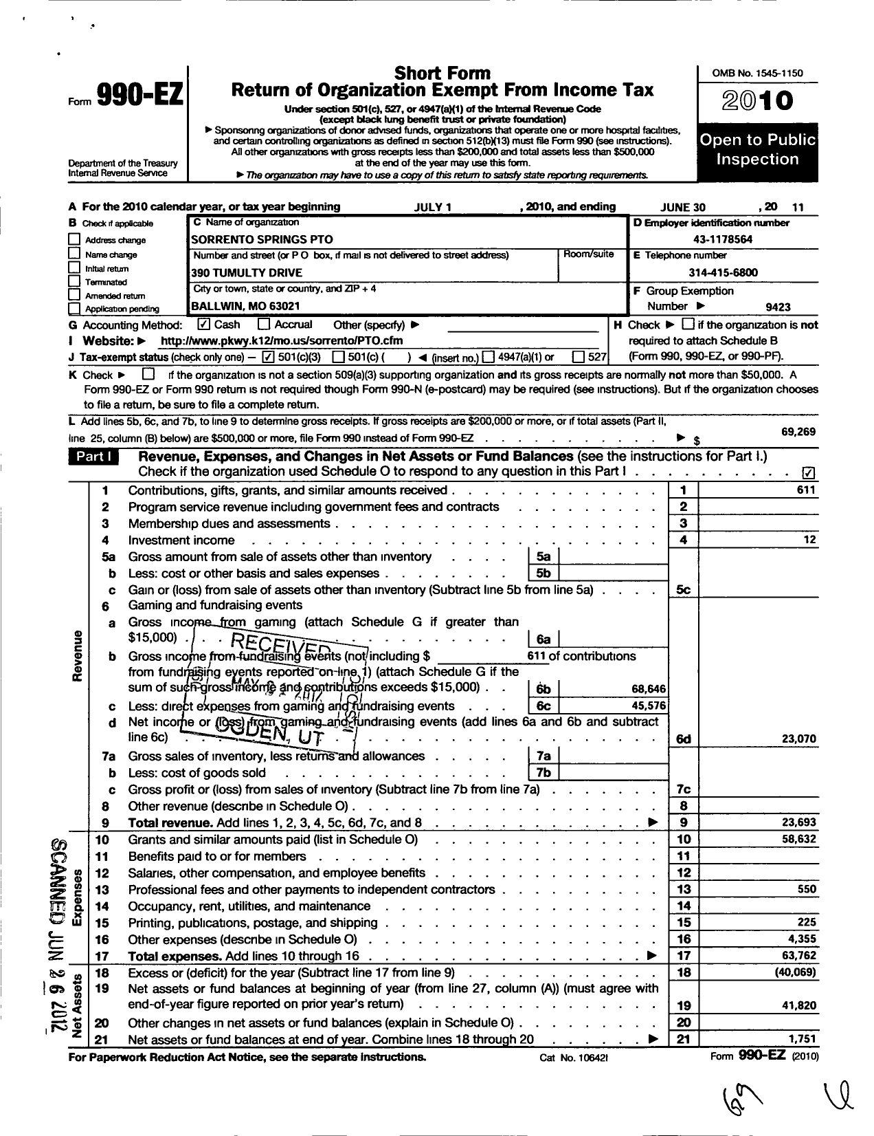 Image of first page of 2010 Form 990EZ for Sorrento Springs School Pto