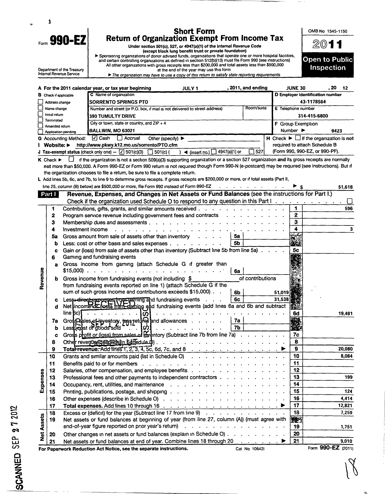 Image of first page of 2011 Form 990EZ for Sorrento Springs School Pto