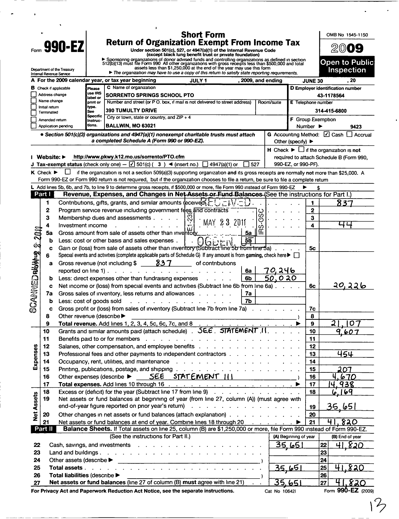 Image of first page of 2008 Form 990EZ for Sorrento Springs School Pto