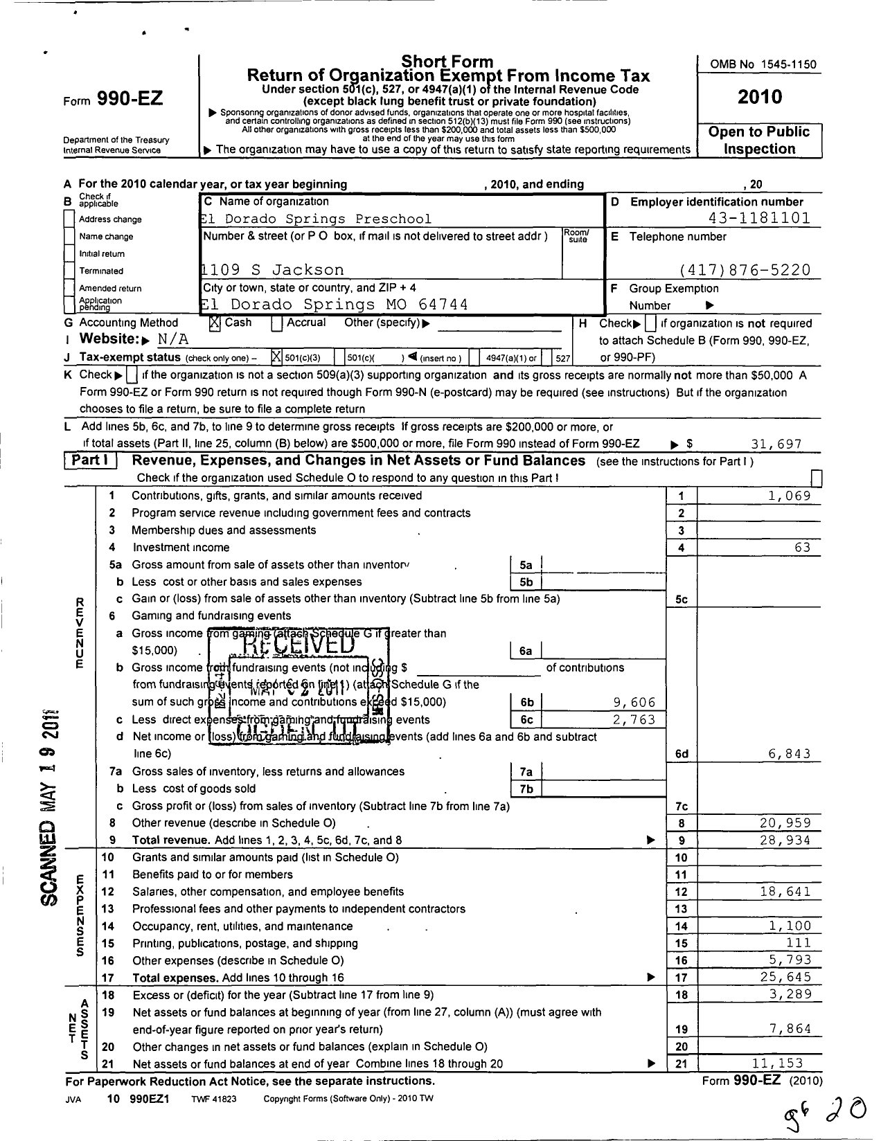 Image of first page of 2010 Form 990EZ for El Dorado Springs Pre-School