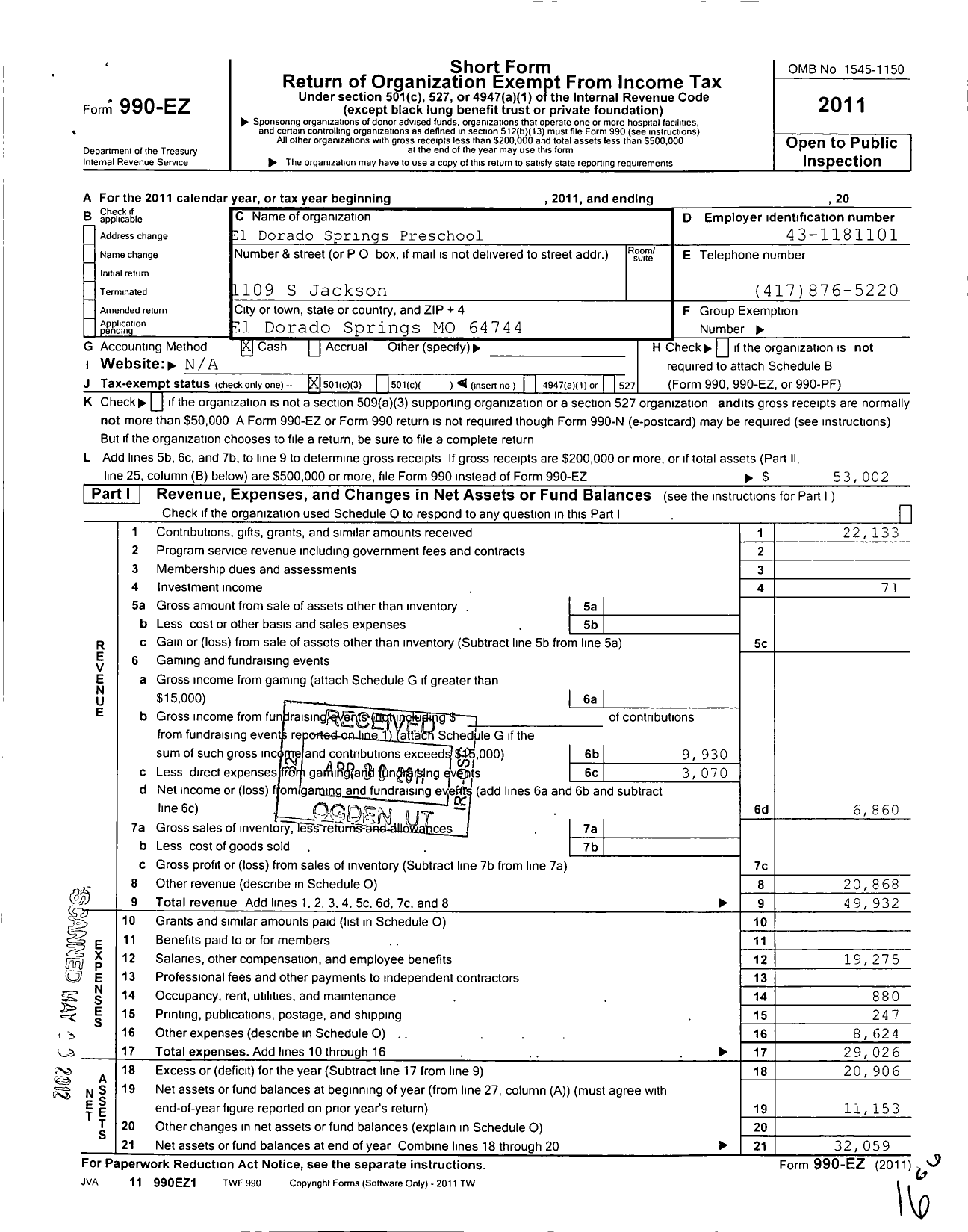 Image of first page of 2011 Form 990EZ for El Dorado Springs Pre-School