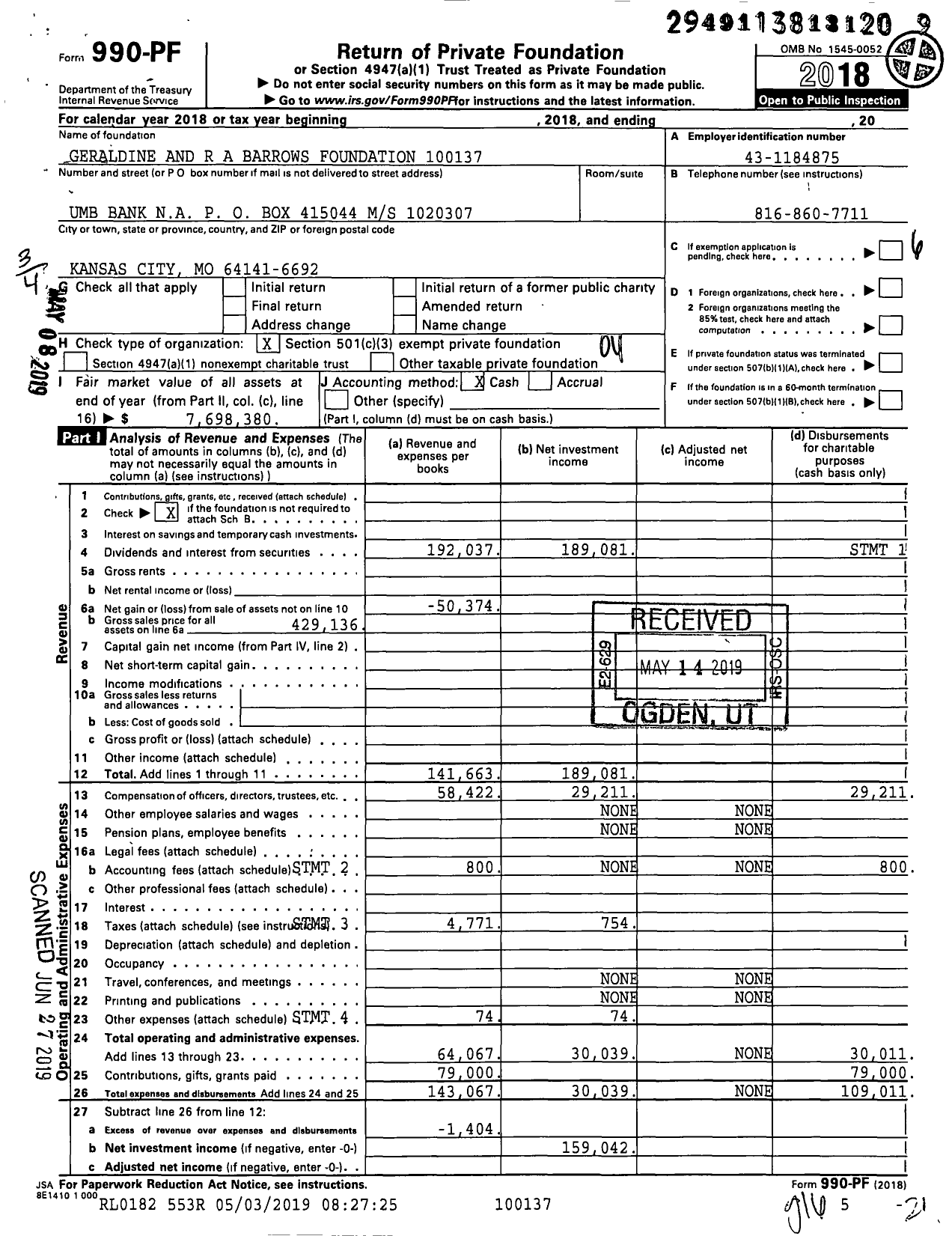 Image of first page of 2018 Form 990PF for Geraldine and R A Barrows Foundation 10013700