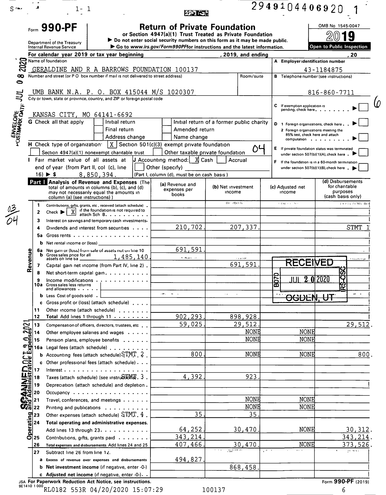 Image of first page of 2019 Form 990PF for Geraldine and R A Barrows Foundation 10013700