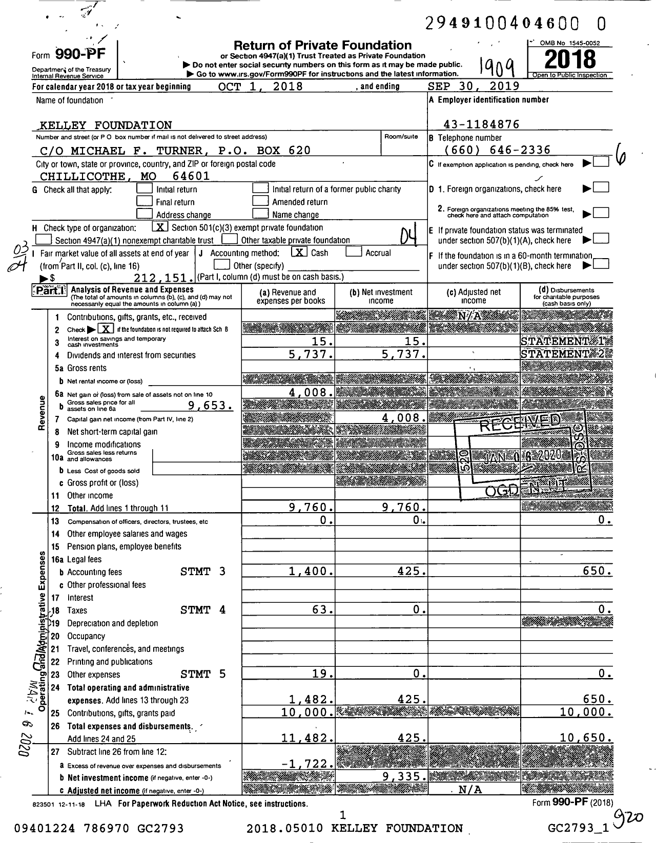 Image of first page of 2018 Form 990PR for Kelley Foundation