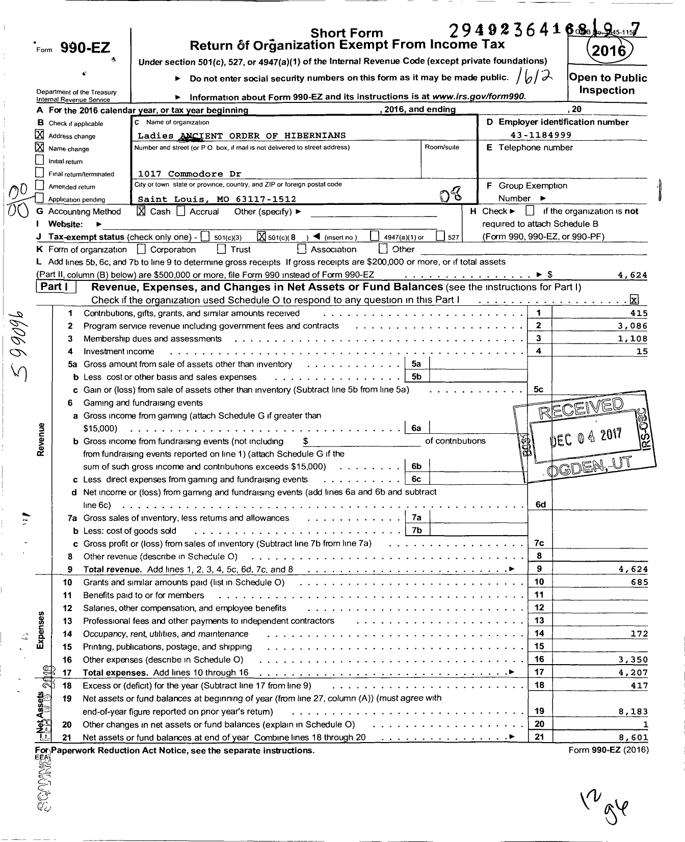 Image of first page of 2016 Form 990EO for Ladies ANCIENT ORDER OF HIBERNIANS