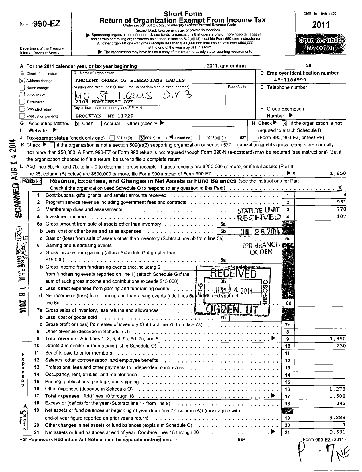 Image of first page of 2011 Form 990EO for Ladies ANCIENT ORDER OF HIBERNIANS