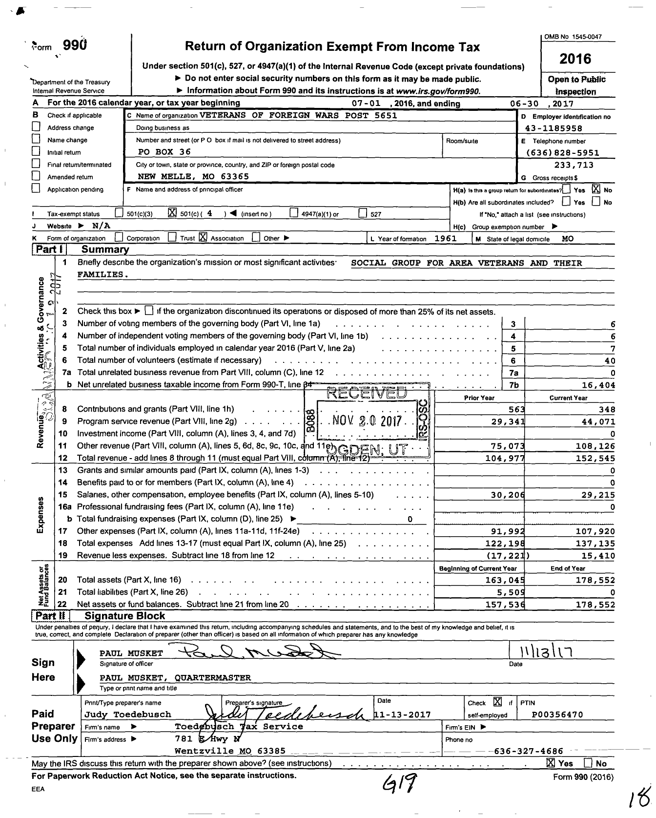 Image of first page of 2016 Form 990O for VFW Missouri - VFW Post 5651