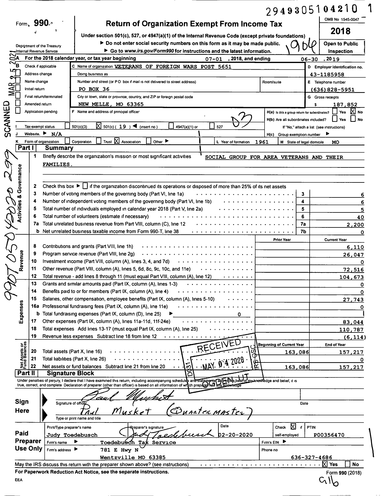 Image of first page of 2018 Form 990 for VFW Missouri - VFW Post 5651