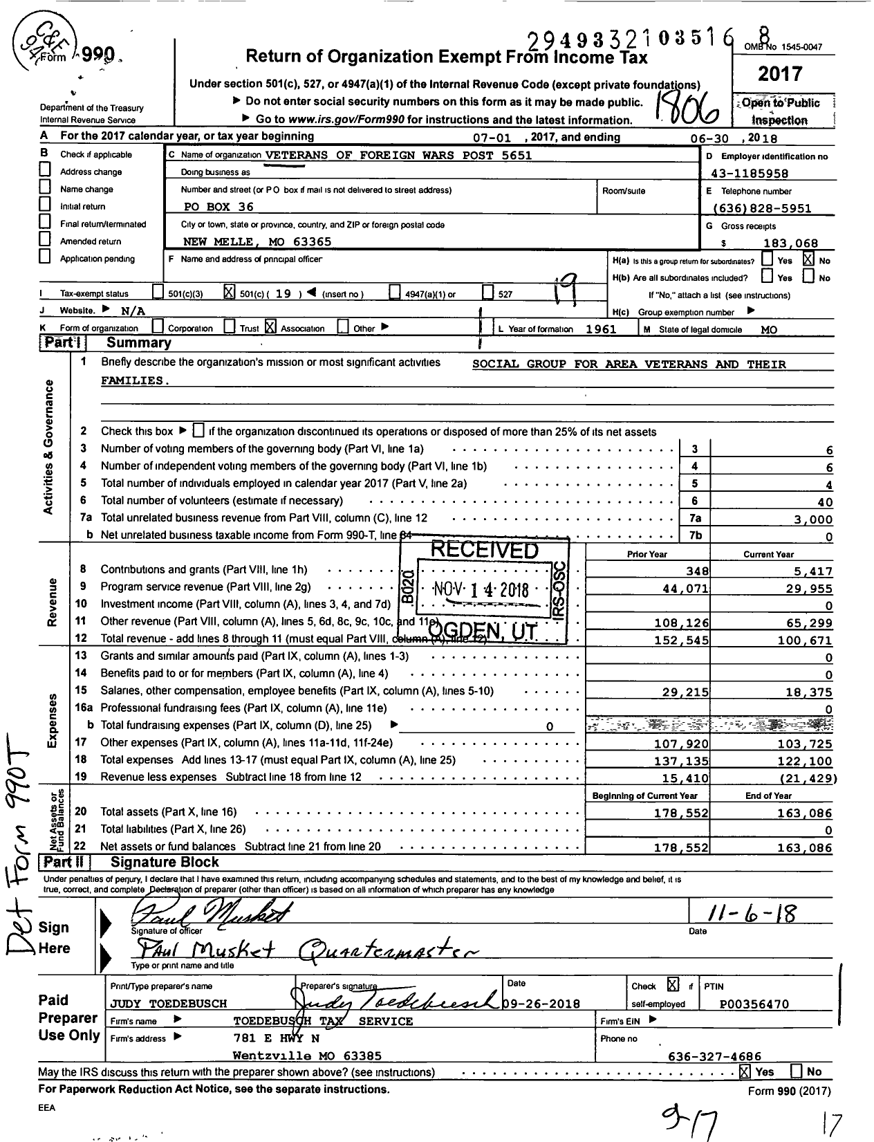 Image of first page of 2017 Form 990O for VFW Missouri - VFW Post 5651