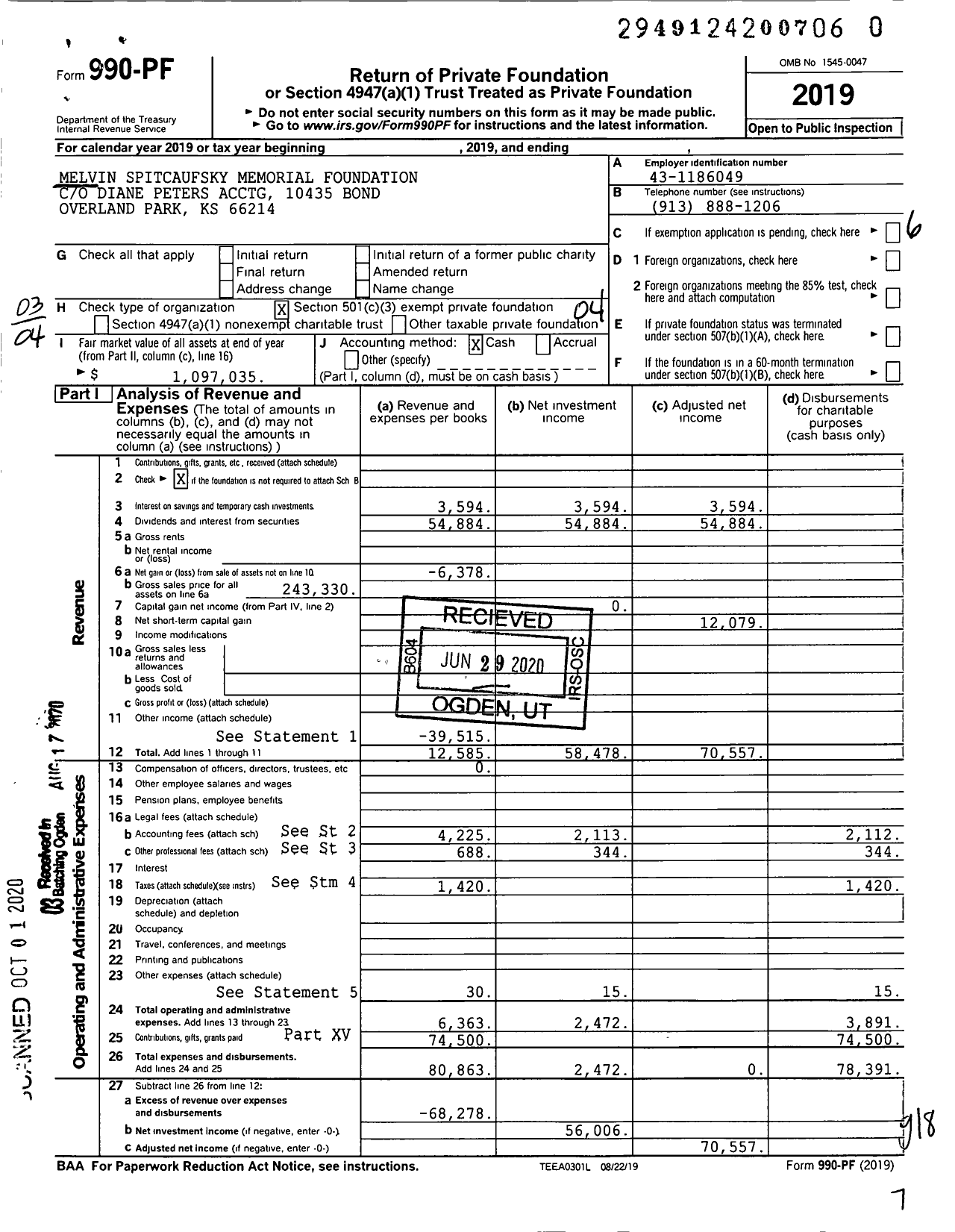 Image of first page of 2019 Form 990PR for Melvin Spitcaufsky Memorial Foundation