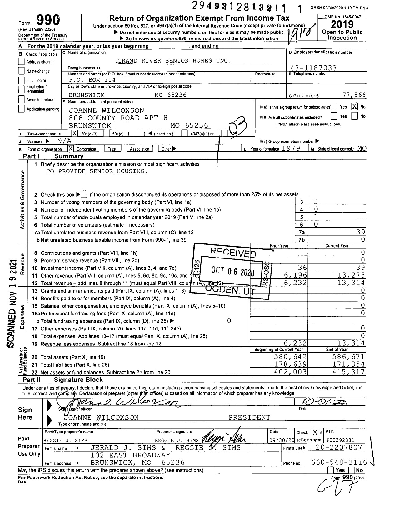 Image of first page of 2019 Form 990 for Grand River Senior Homes