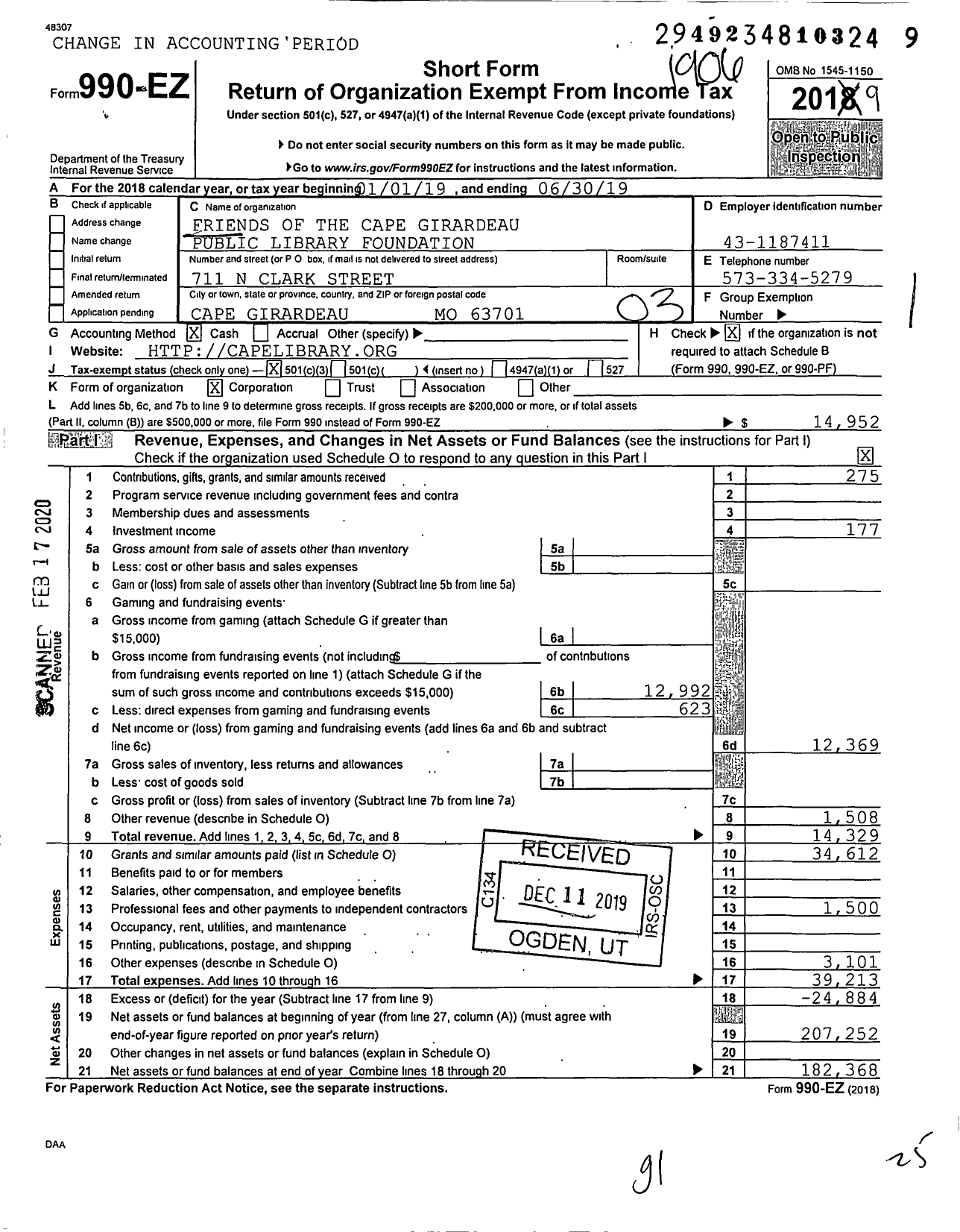 Image of first page of 2018 Form 990EZ for Friends of the Cape Girardeau Public Library Foundation