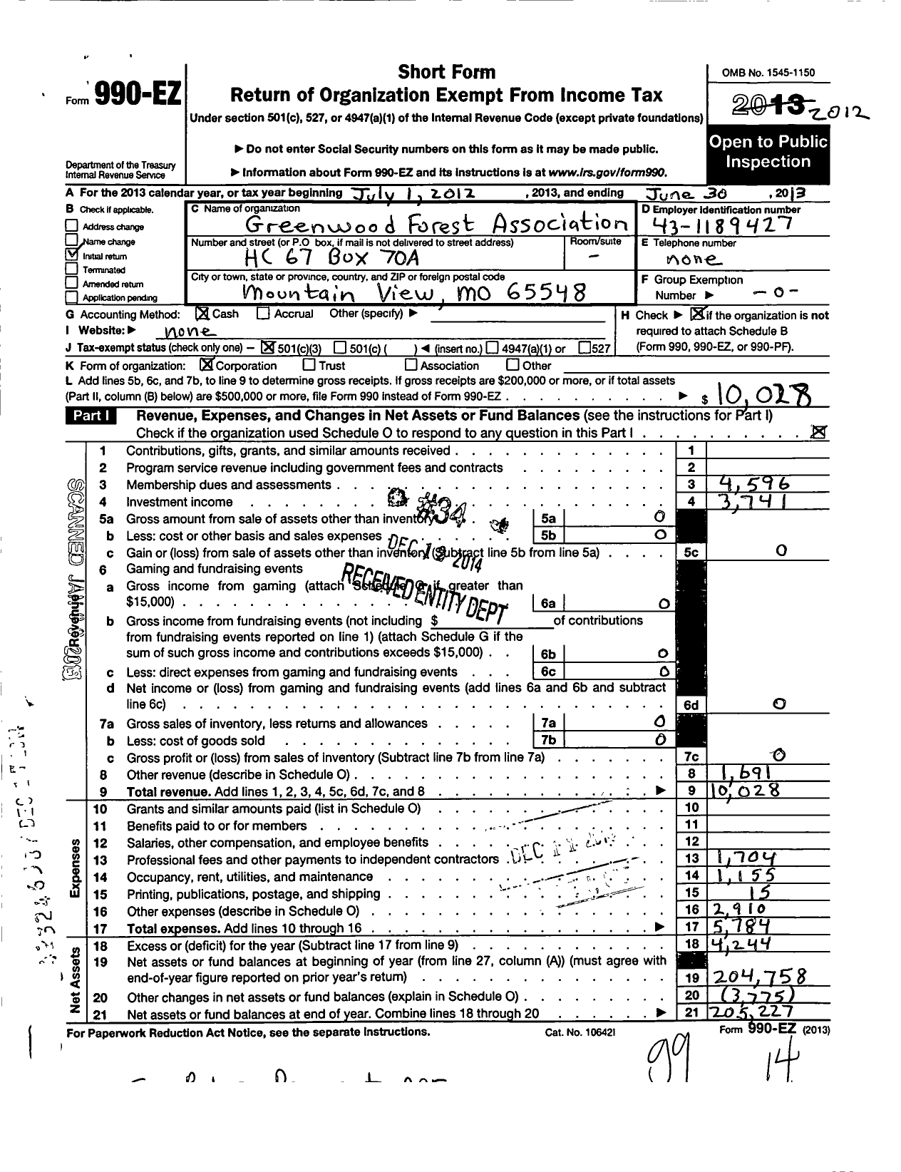 Image of first page of 2012 Form 990EZ for Greenwood Forest Association