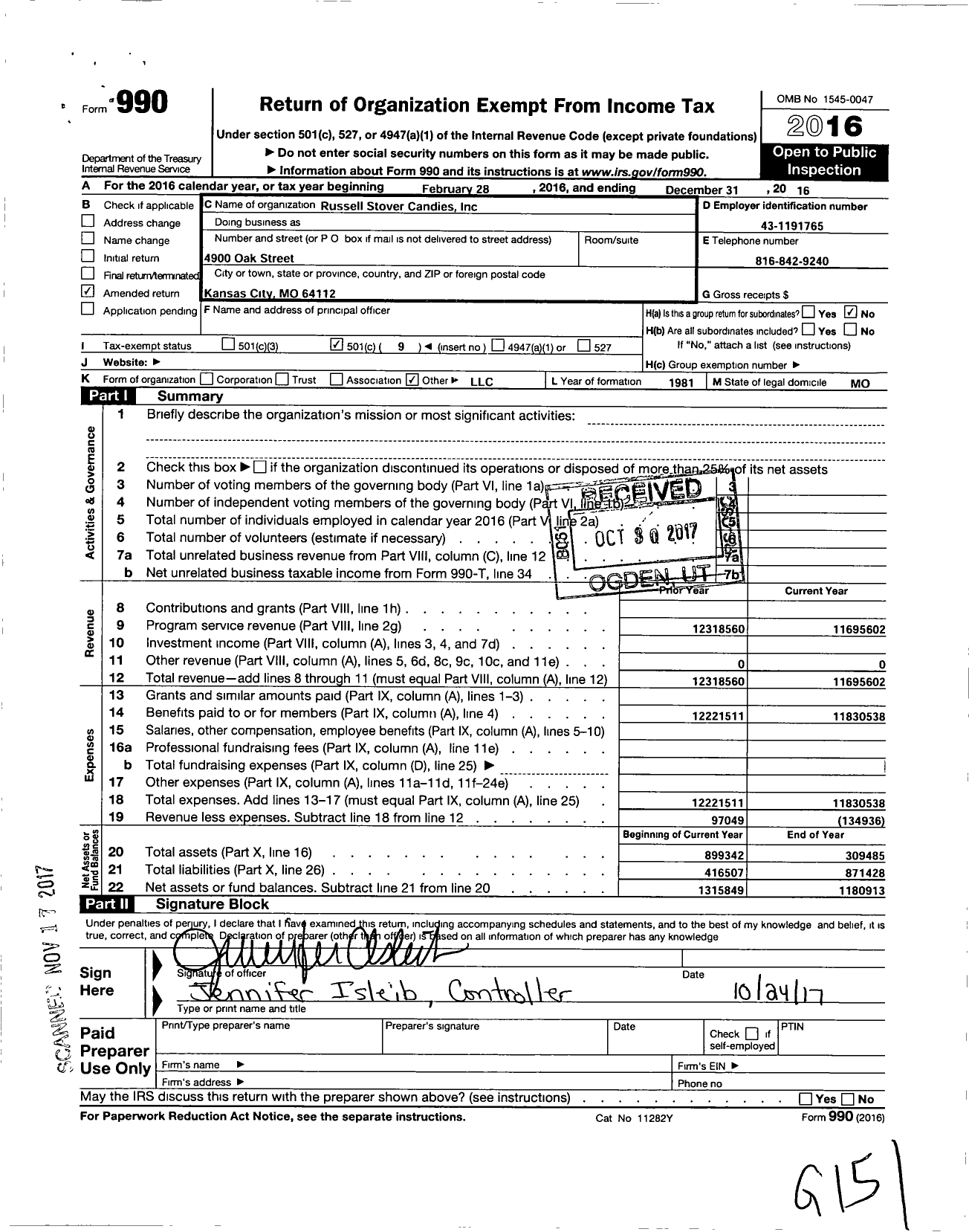 Image of first page of 2016 Form 990O for Russell Stover Candies