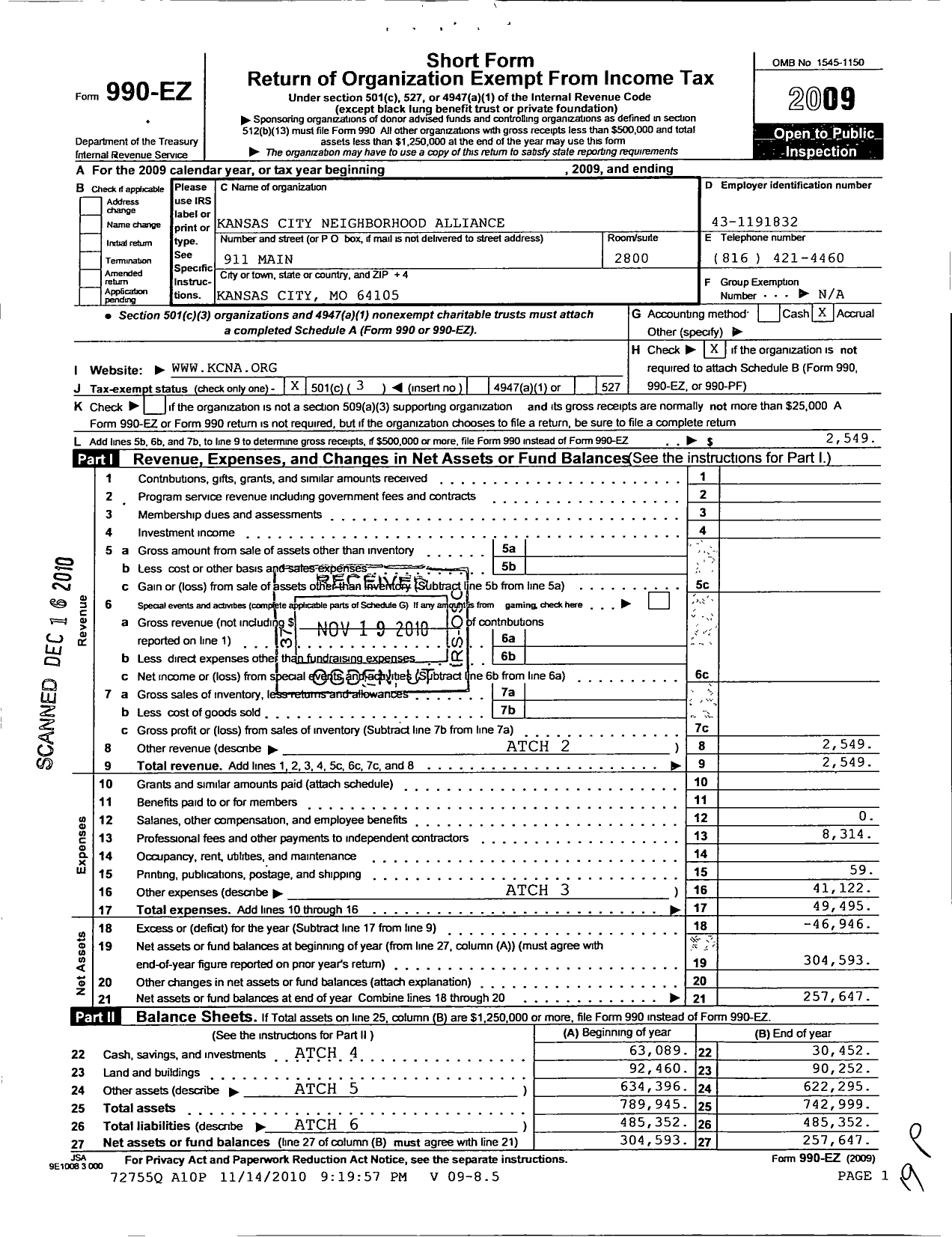 Image of first page of 2009 Form 990EZ for Kansas City Neighborhood Alliance