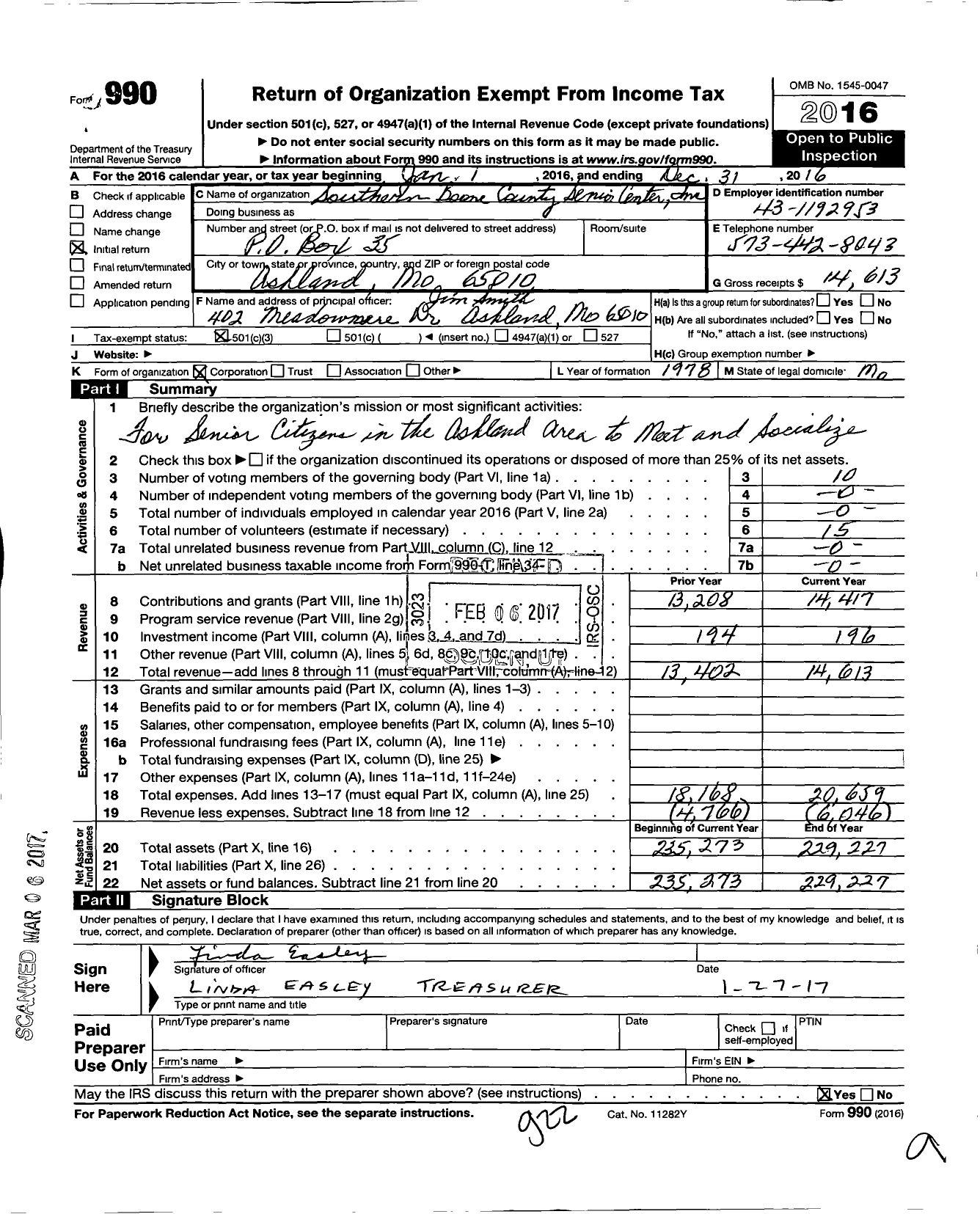 Image of first page of 2016 Form 990 for Southern Boone County Senior Center