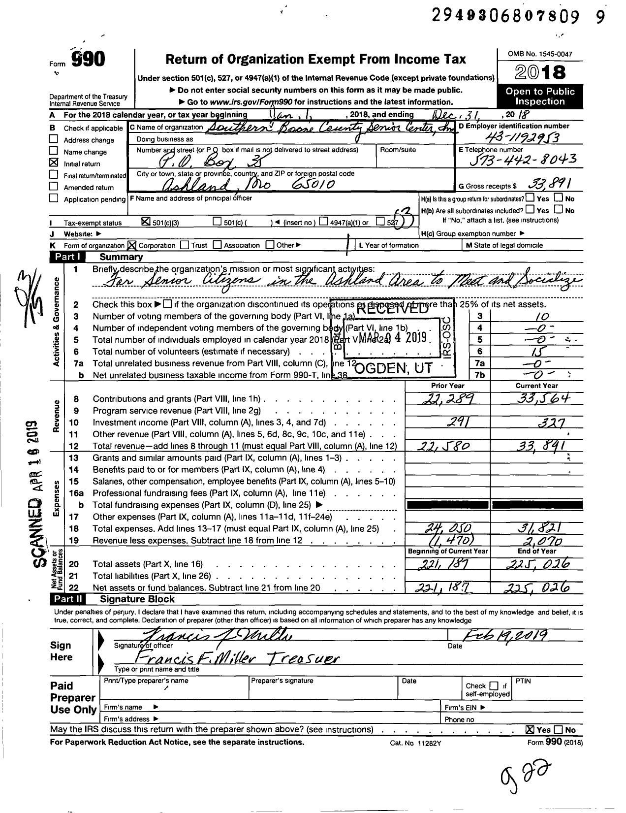 Image of first page of 2018 Form 990 for Southern Boone County Senior Center