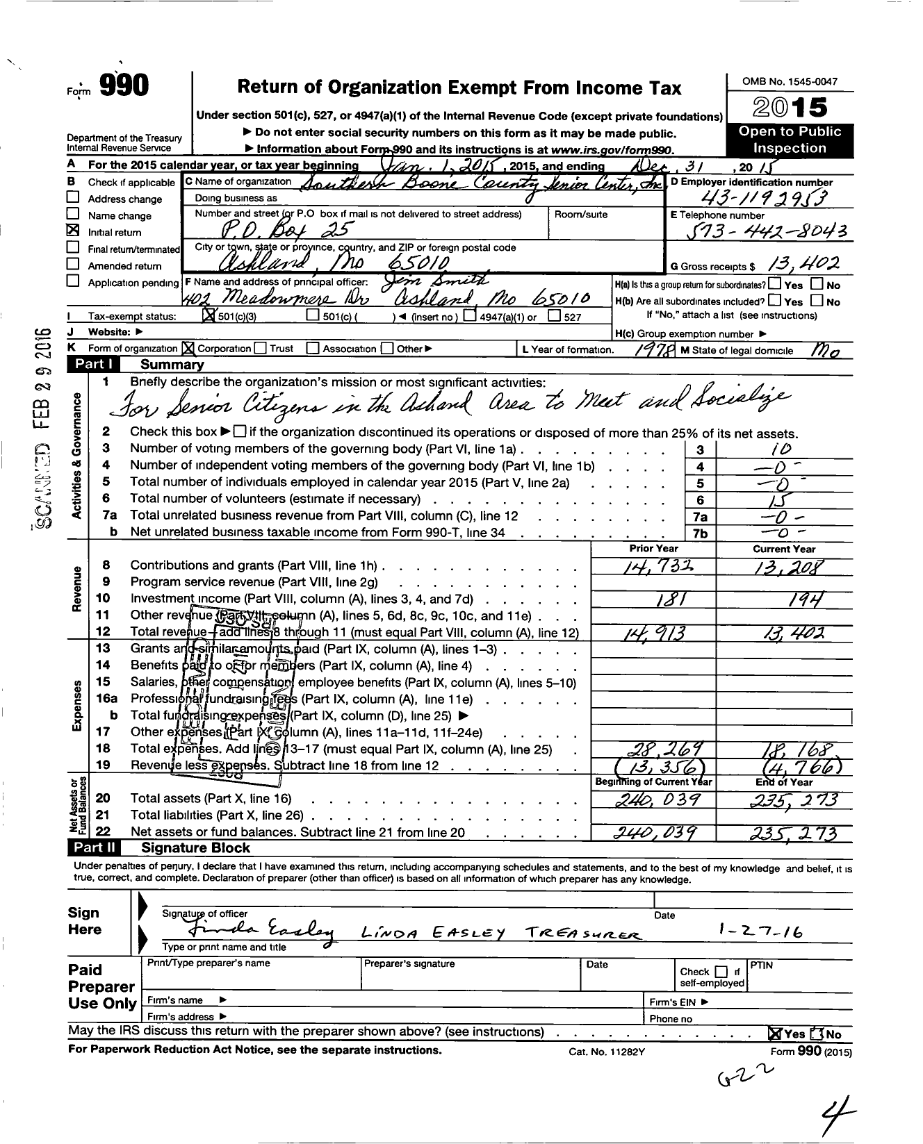 Image of first page of 2015 Form 990 for Southern Boone County Senior Center