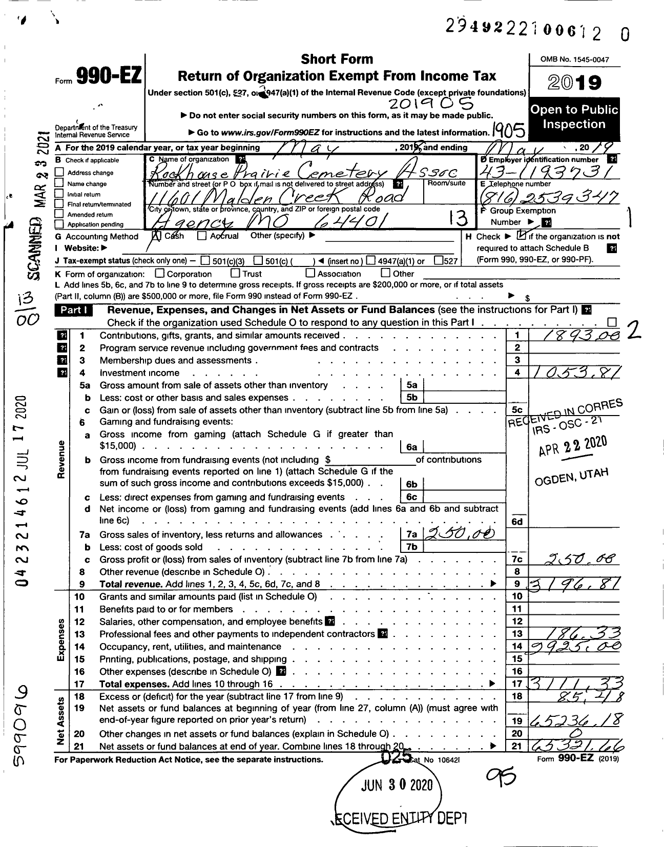 Image of first page of 2018 Form 990EO for Rockhouse Prairie Cemetery Association