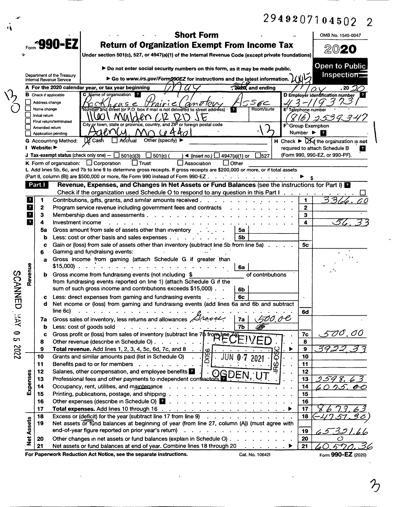 Image of first page of 2019 Form 990EO for Rockhouse Prairie Cemetery Association