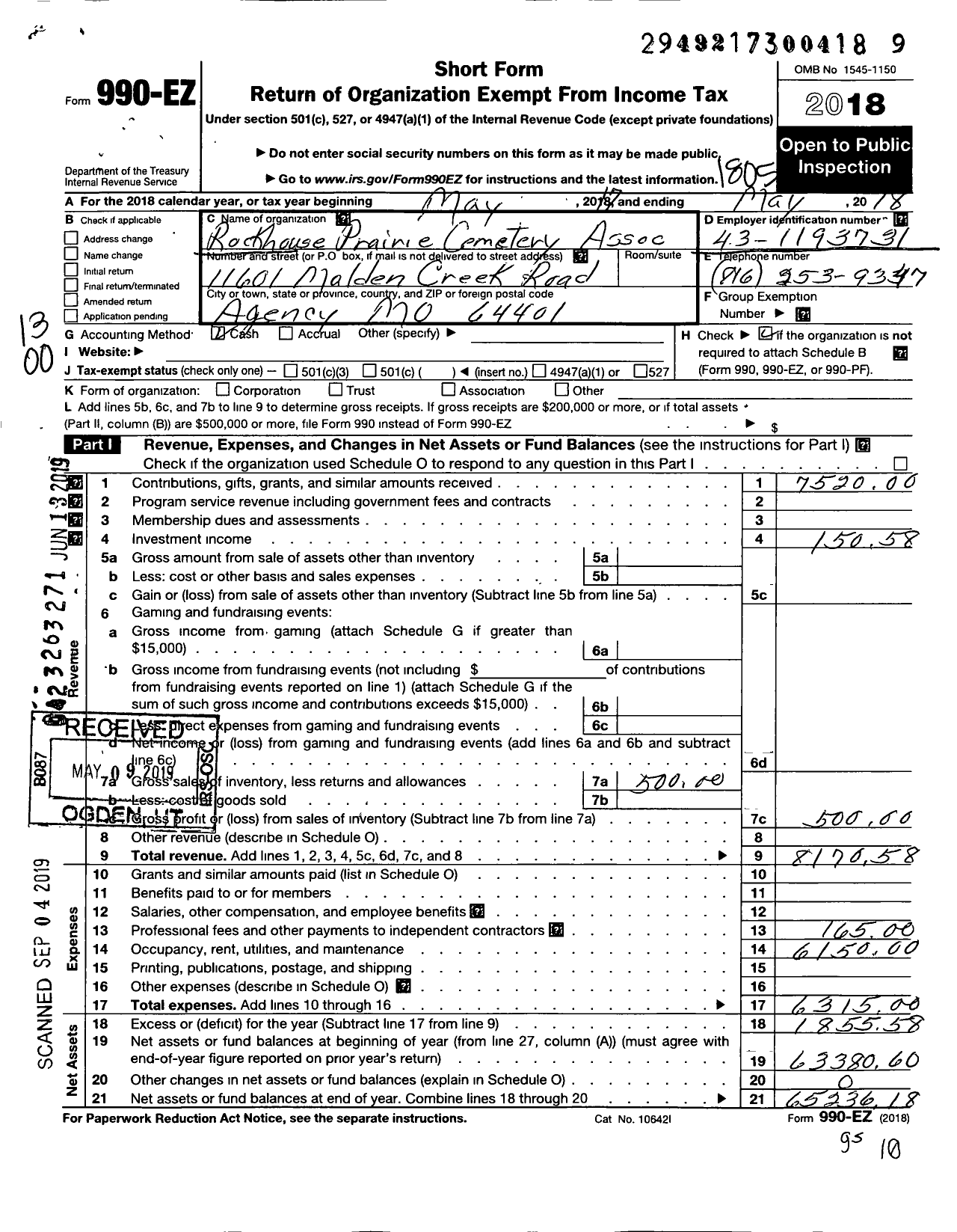 Image of first page of 2017 Form 990EO for Rockhouse Prairie Cemetery Association