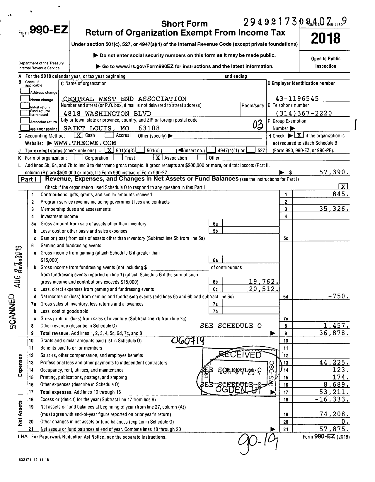 Image of first page of 2018 Form 990EZ for Central West End Association