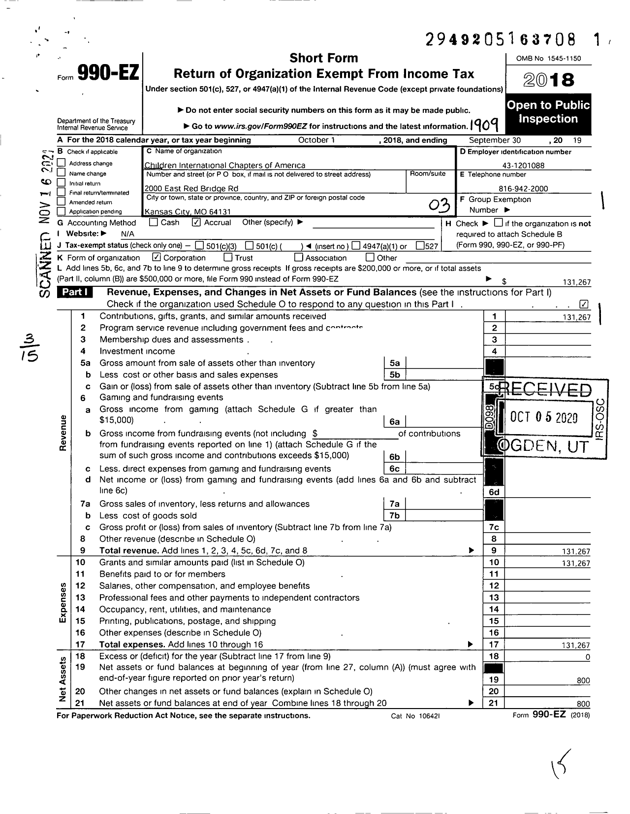 Image of first page of 2018 Form 990EZ for Children International Chapters of America