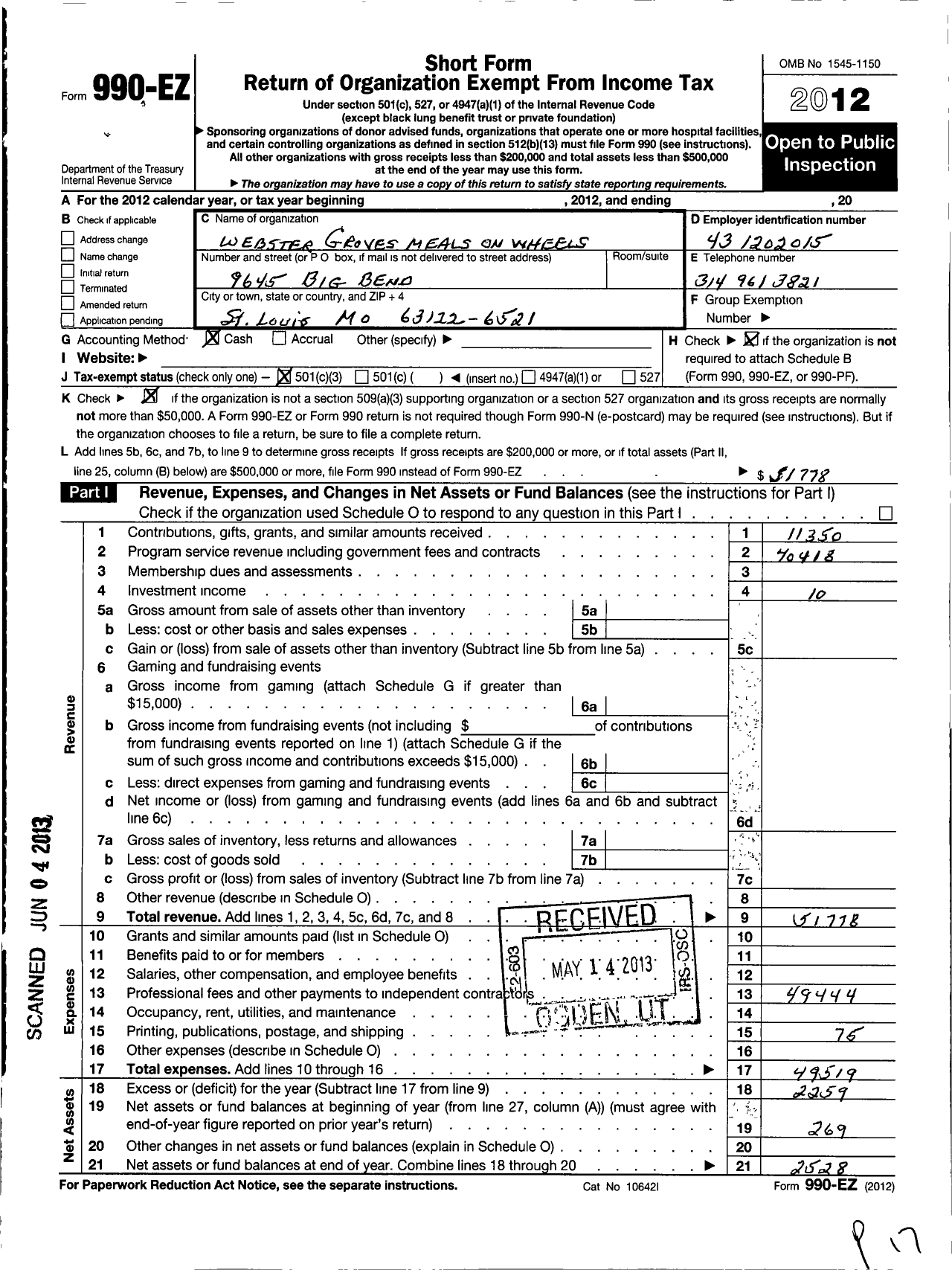 Image of first page of 2012 Form 990EZ for Webster Groves Meals on Wheels