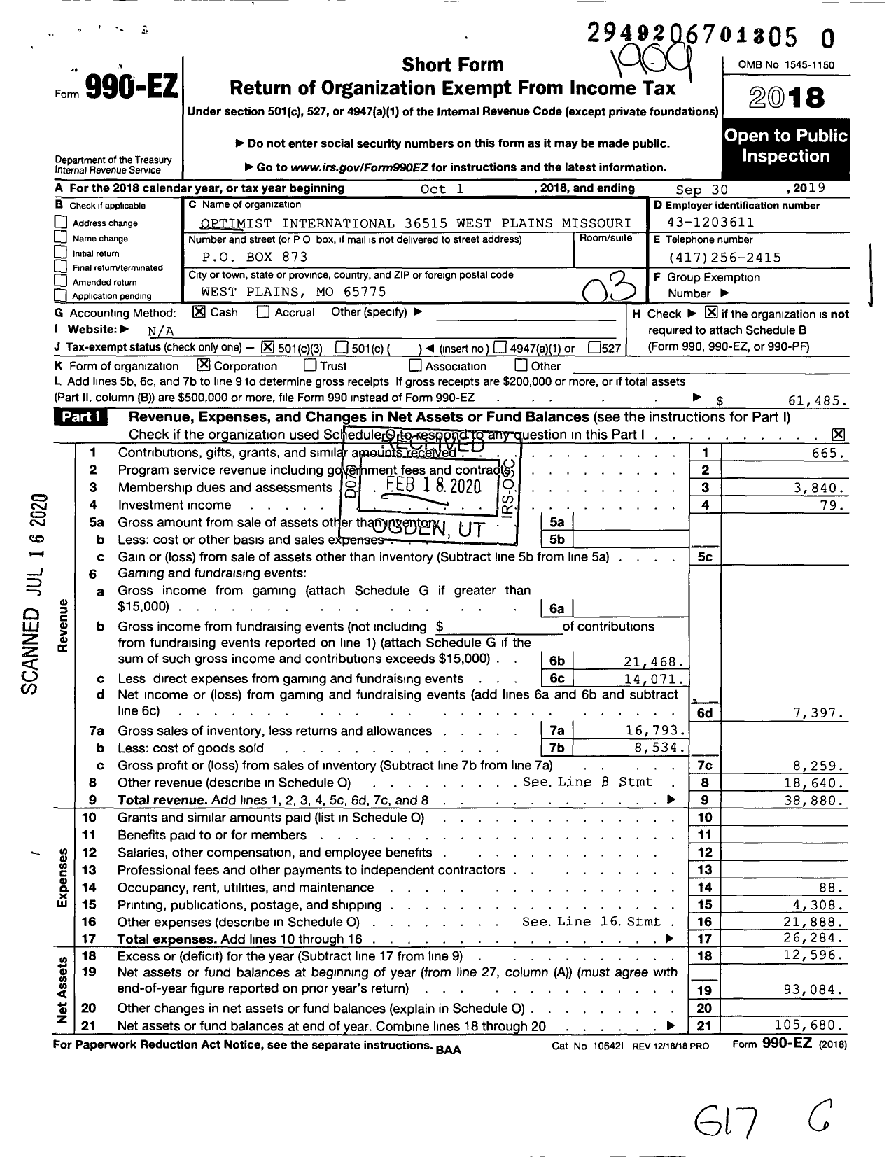 Image of first page of 2018 Form 990EZ for Optimist International - 36515 Oc of West Plains Mo