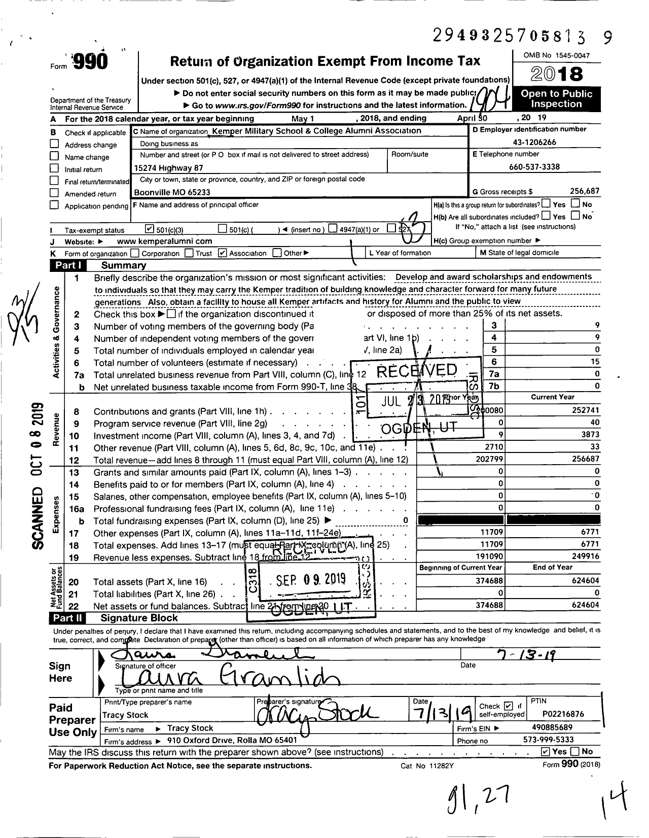 Image of first page of 2018 Form 990 for Kemper Military School and College Alumni