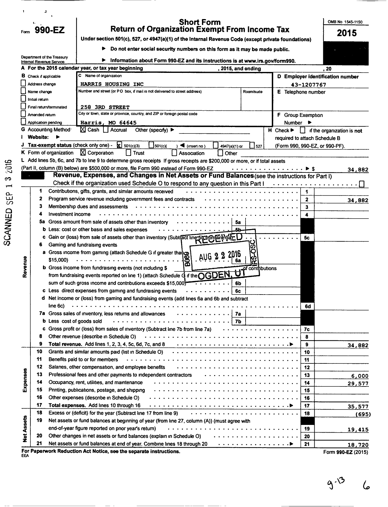 Image of first page of 2015 Form 990EZ for Harris Housing