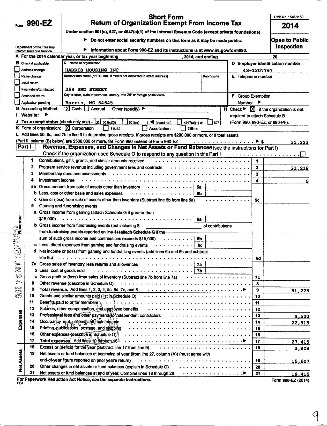 Image of first page of 2014 Form 990EZ for Harris Housing