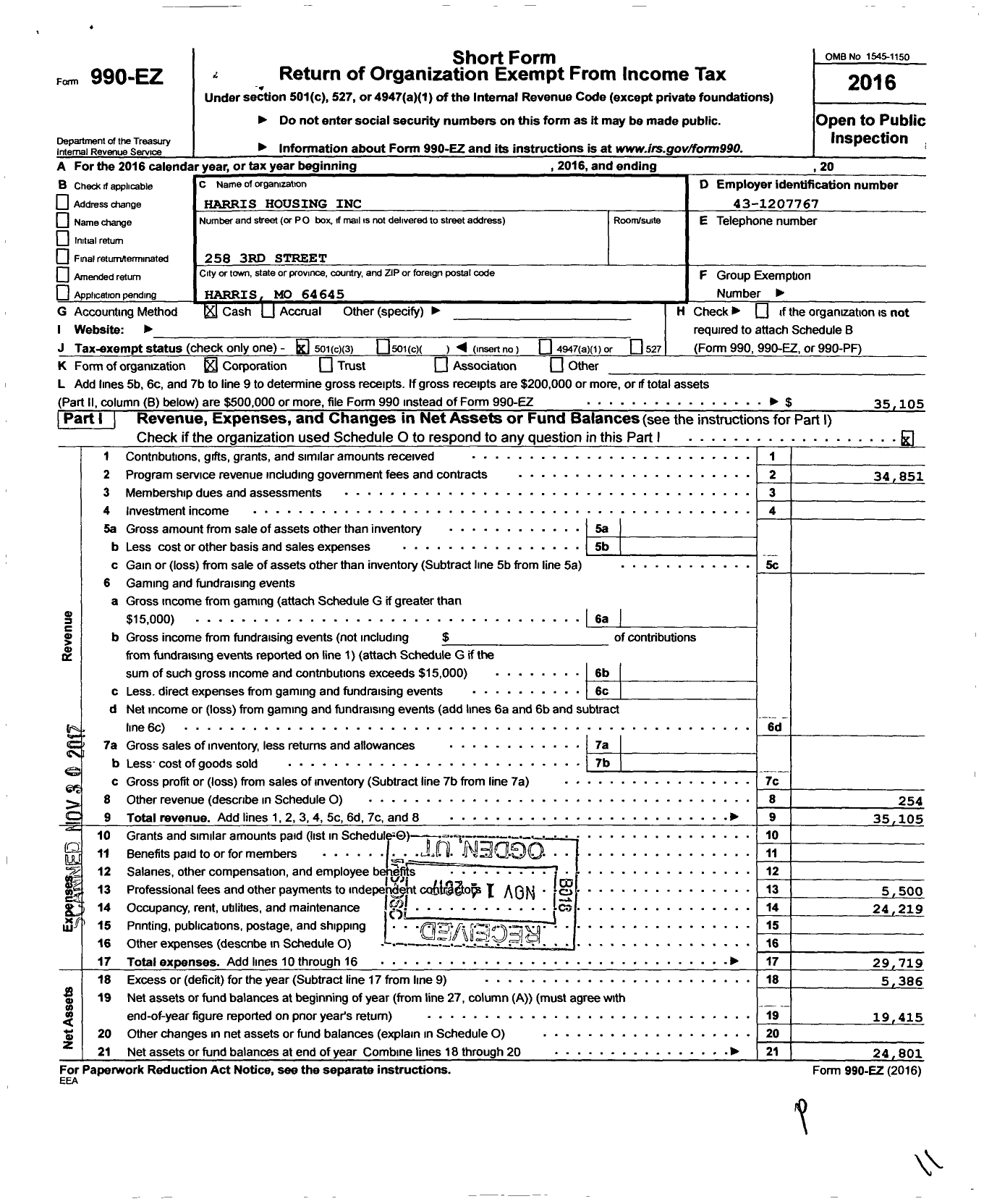 Image of first page of 2016 Form 990EZ for Harris Housing