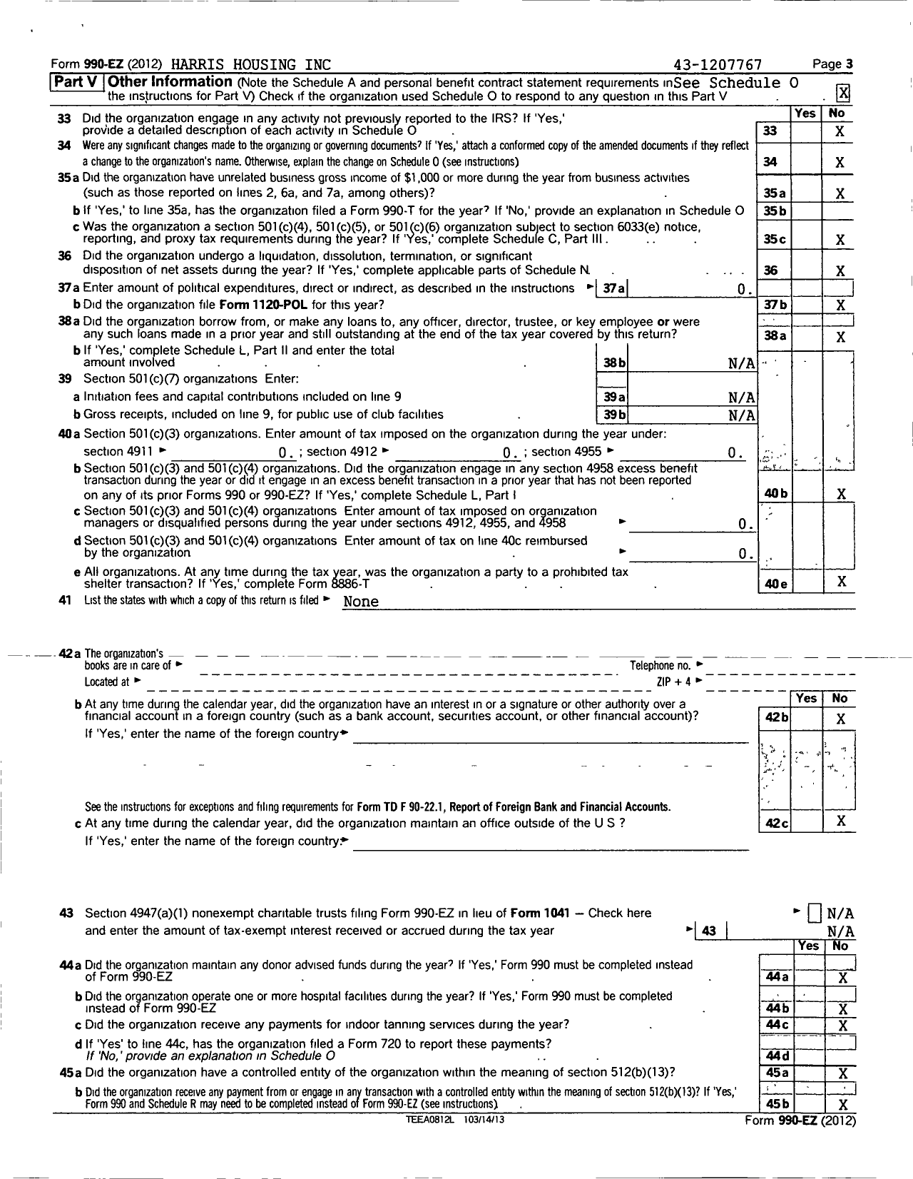 Image of first page of 2012 Form 990EZ for Harris Housing