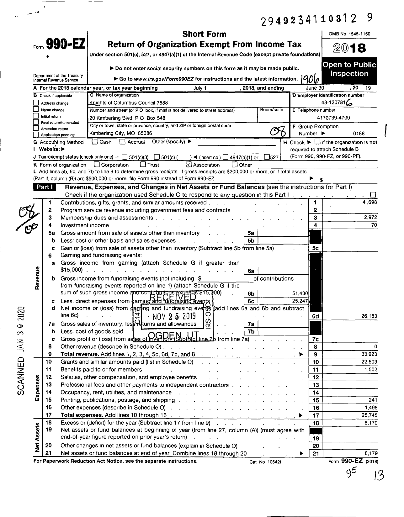 Image of first page of 2018 Form 990EO for Knights of Columbus - 7588 Our Lady of the Cove Council