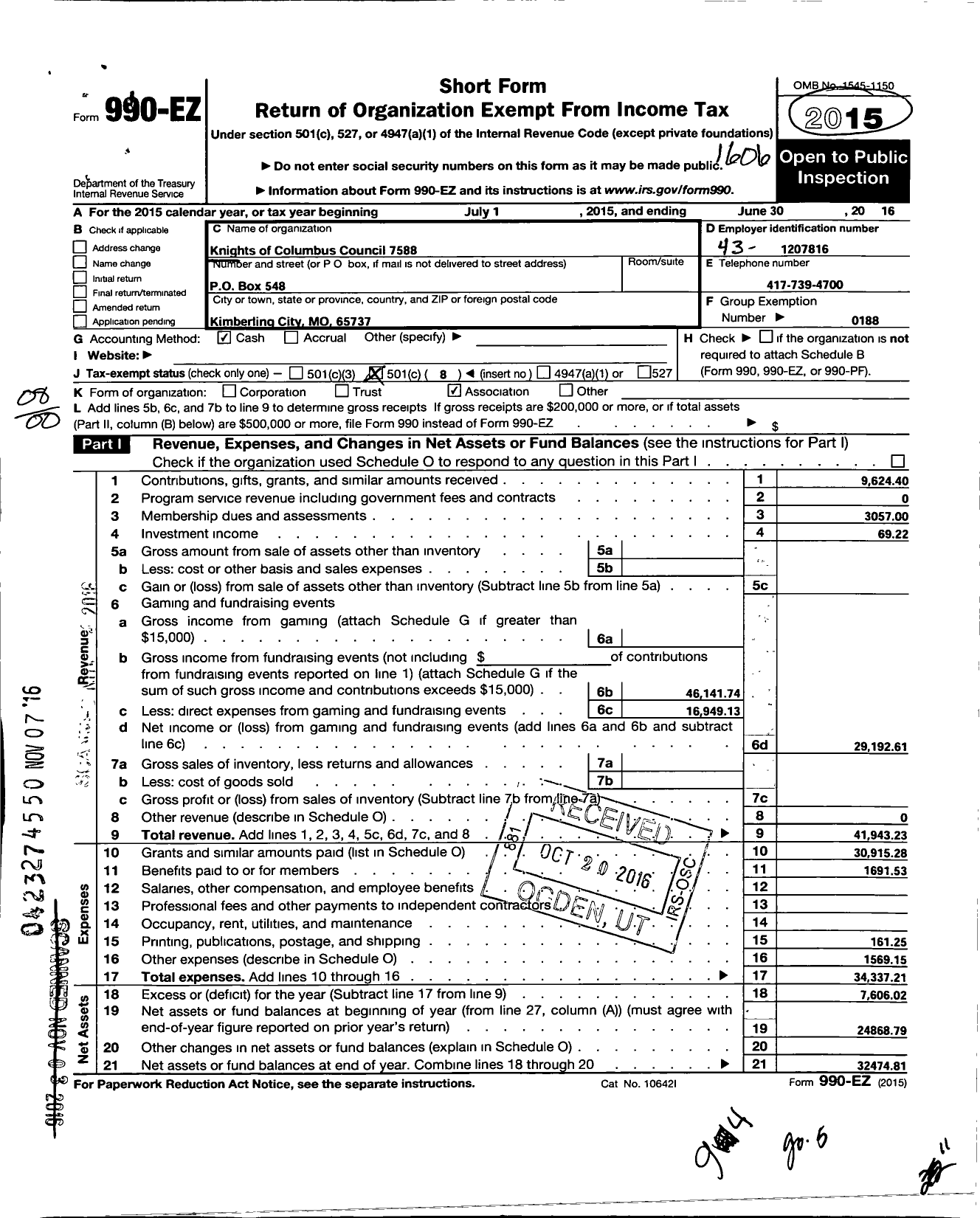 Image of first page of 2015 Form 990EO for Knights of Columbus - 7588 Our Lady of the Cove Council