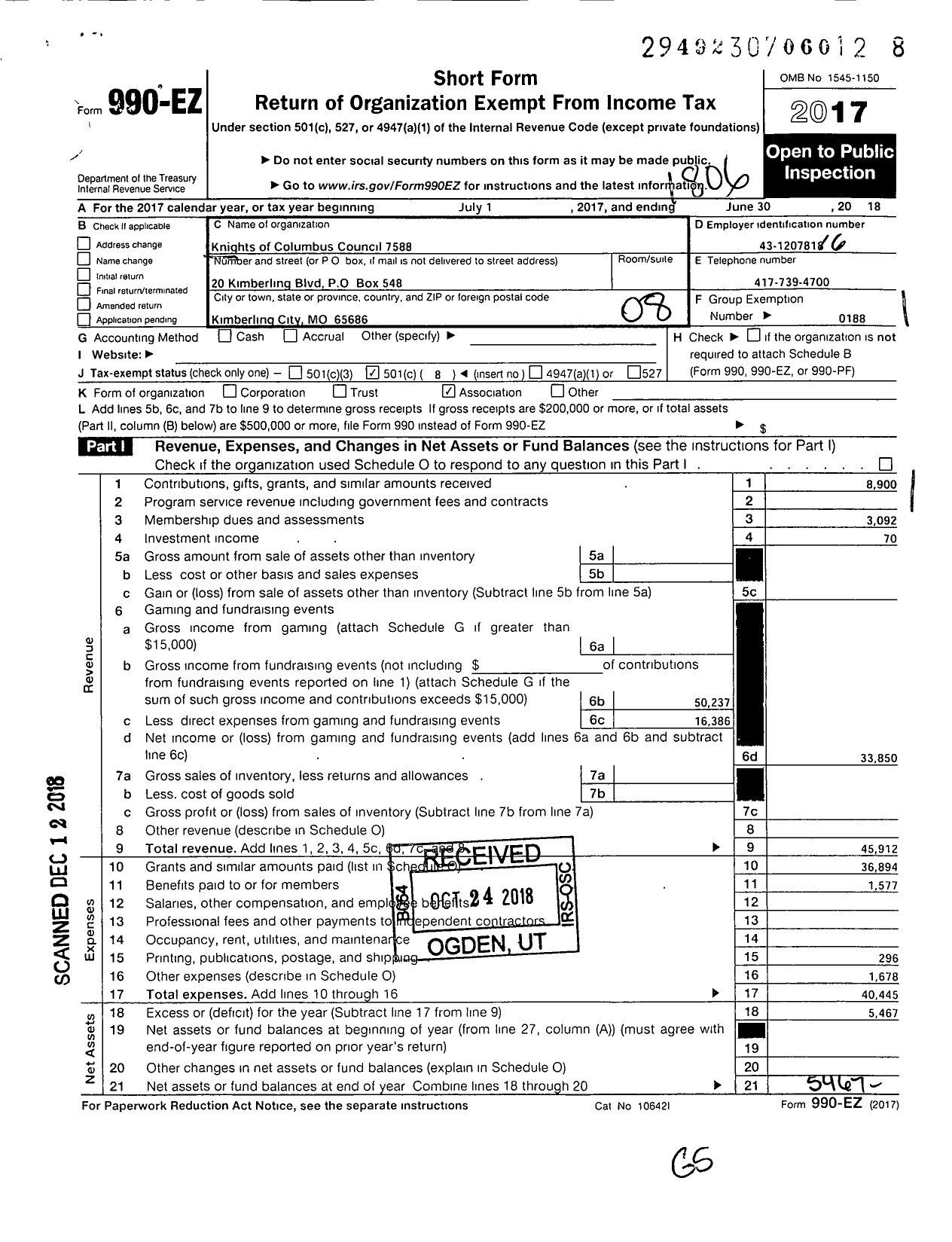 Image of first page of 2017 Form 990EO for Knights of Columbus - 7588 Our Lady of the Cove Council