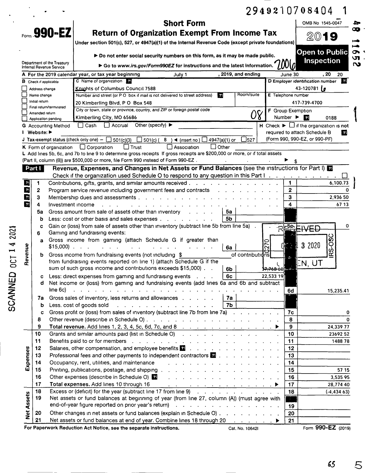 Image of first page of 2019 Form 990EO for Knights of Columbus - 7588 Our Lady of the Cove Council