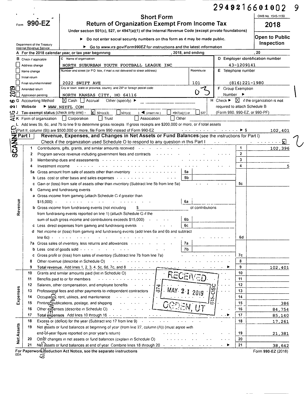 Image of first page of 2018 Form 990EZ for North Suburban Youth Football League