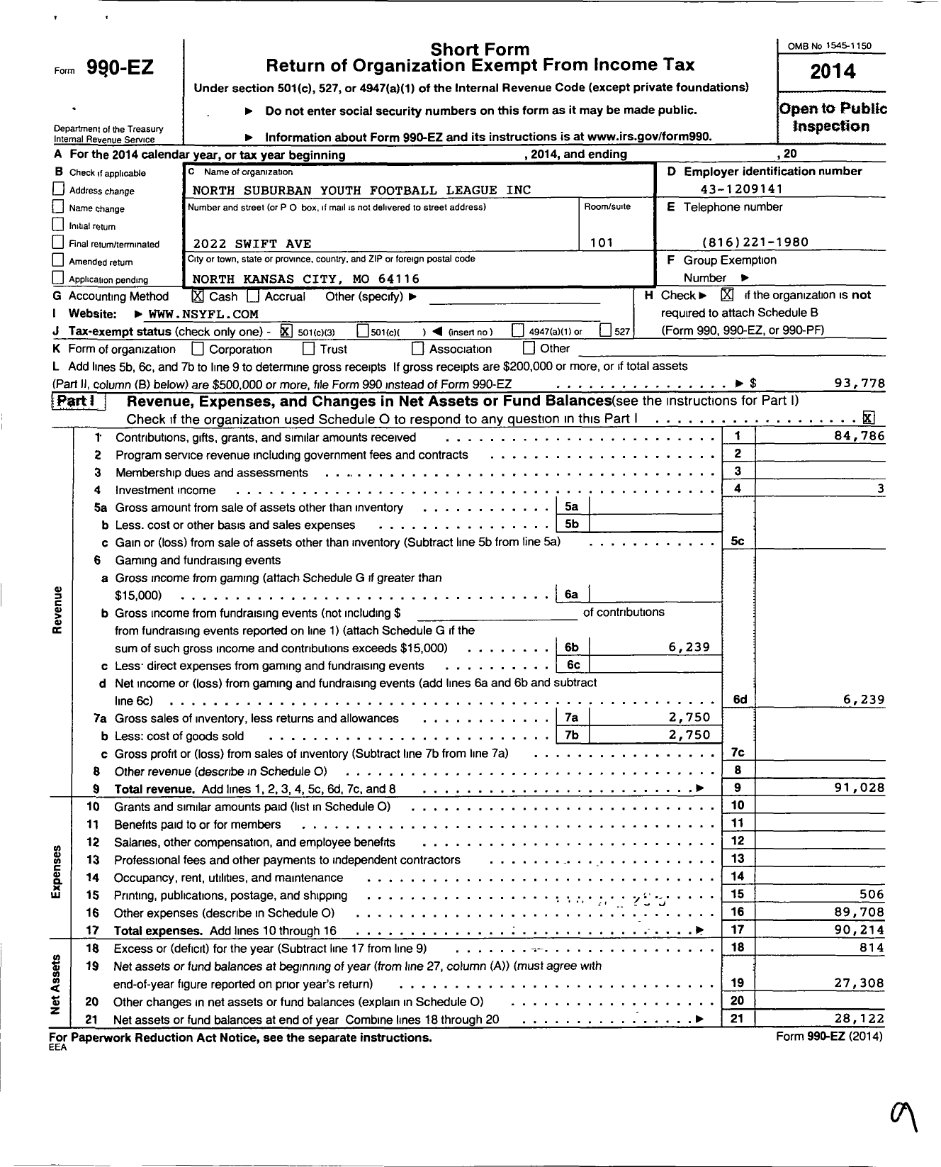 Image of first page of 2014 Form 990EZ for North Suburban Youth Football League