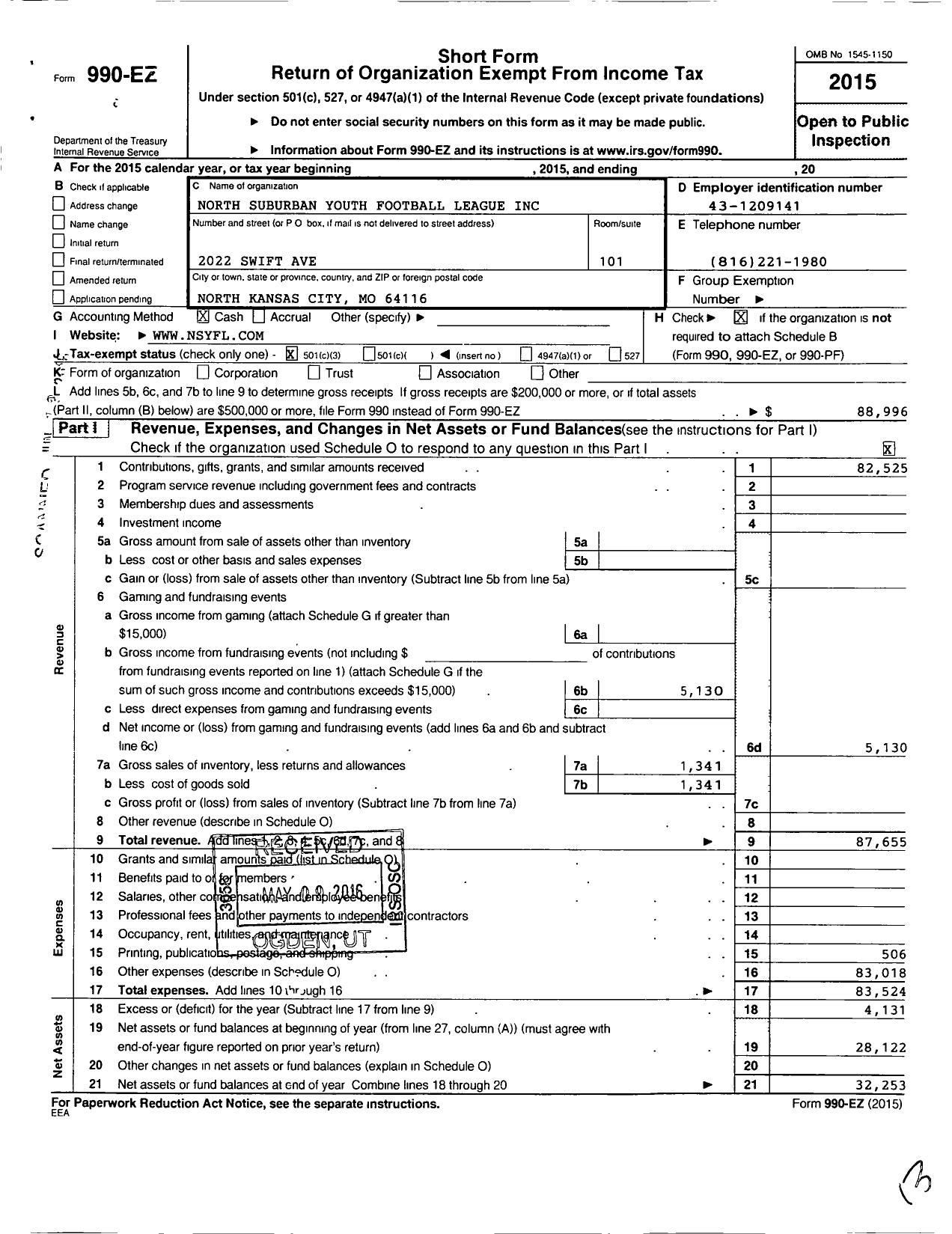 Image of first page of 2015 Form 990EZ for North Suburban Youth Football League