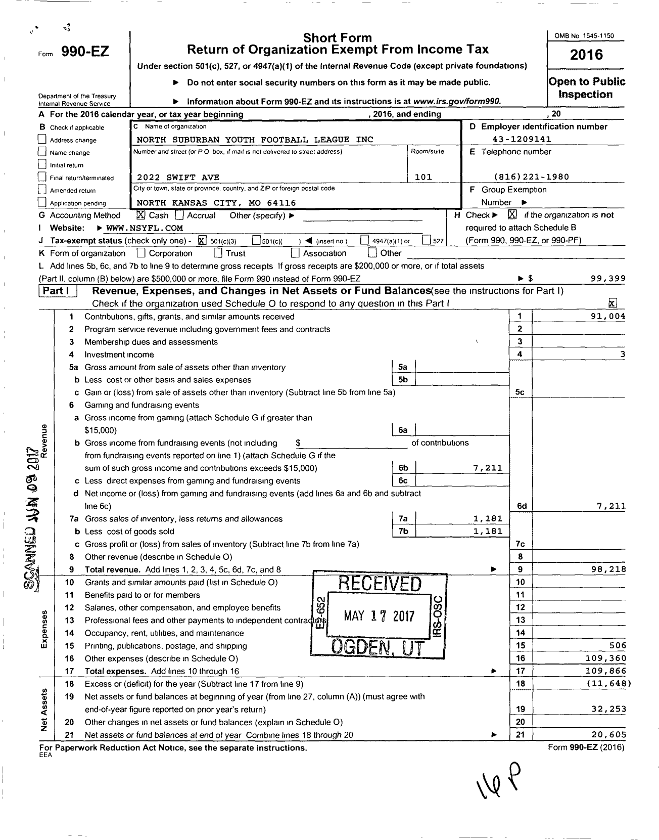 Image of first page of 2016 Form 990EZ for North Suburban Youth Football League