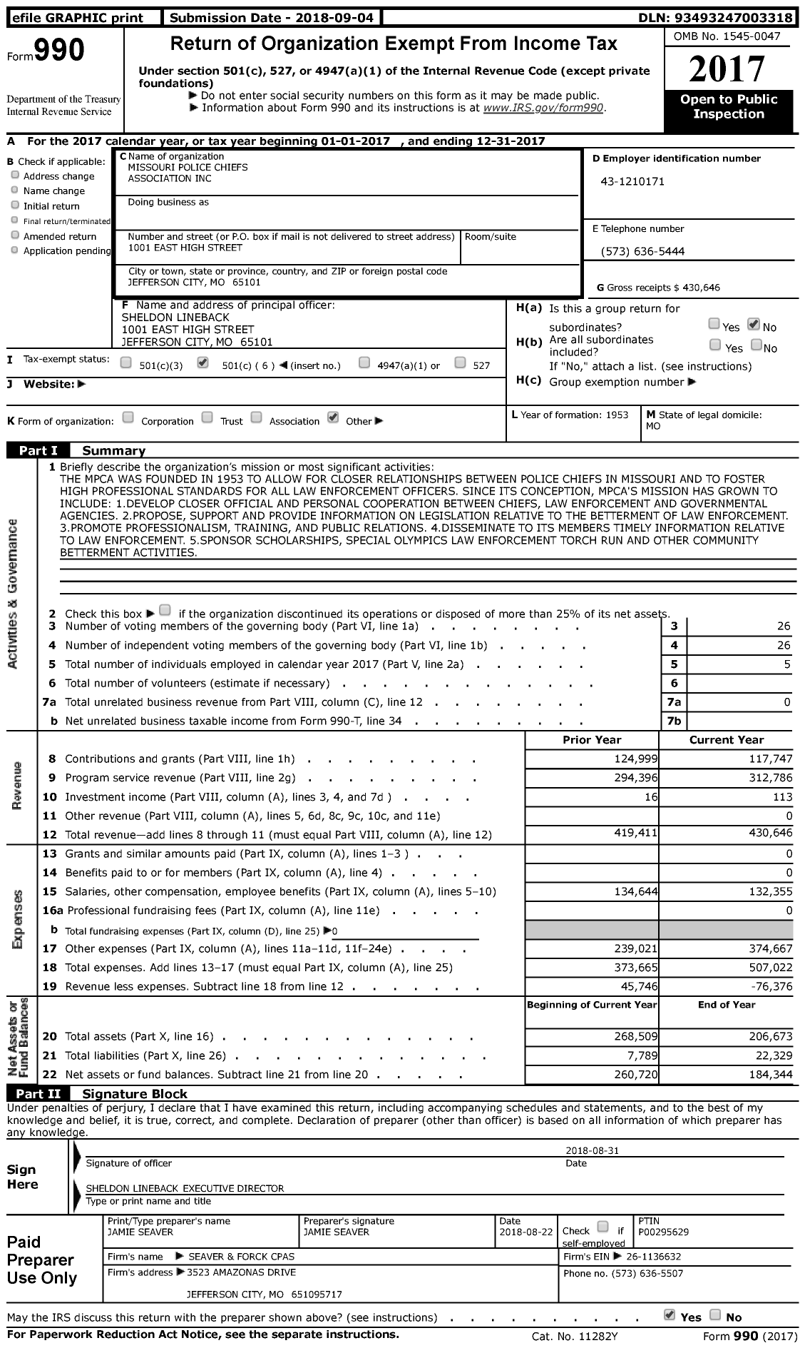 Image of first page of 2017 Form 990 for Missouri Police Chiefs Association