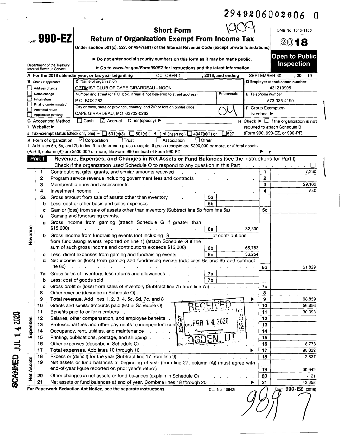 Image of first page of 2018 Form 990EO for Optimist International - 30290 Oc of Cape Girardeau-Noon Mo