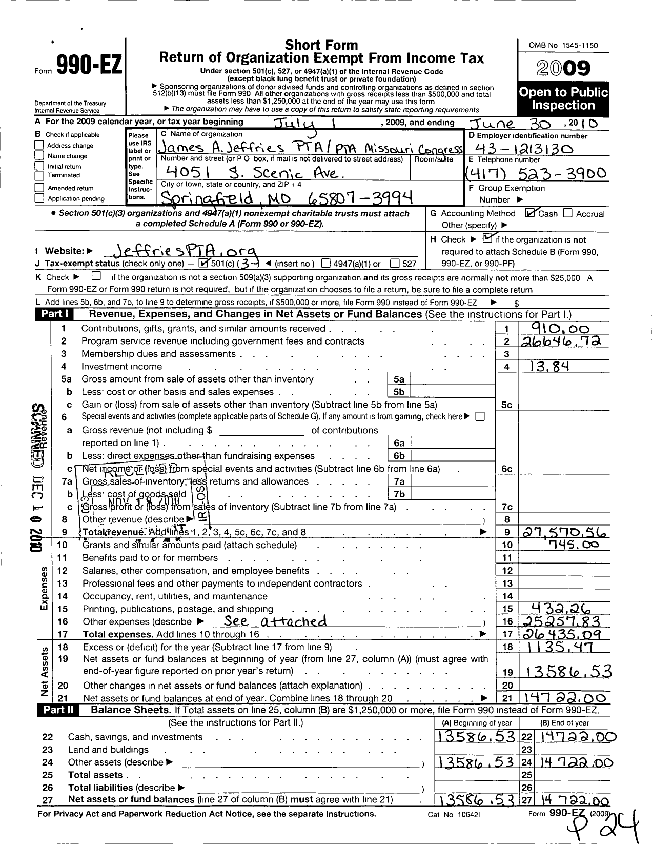 Image of first page of 2009 Form 990EZ for Jeffries Elementary PTA